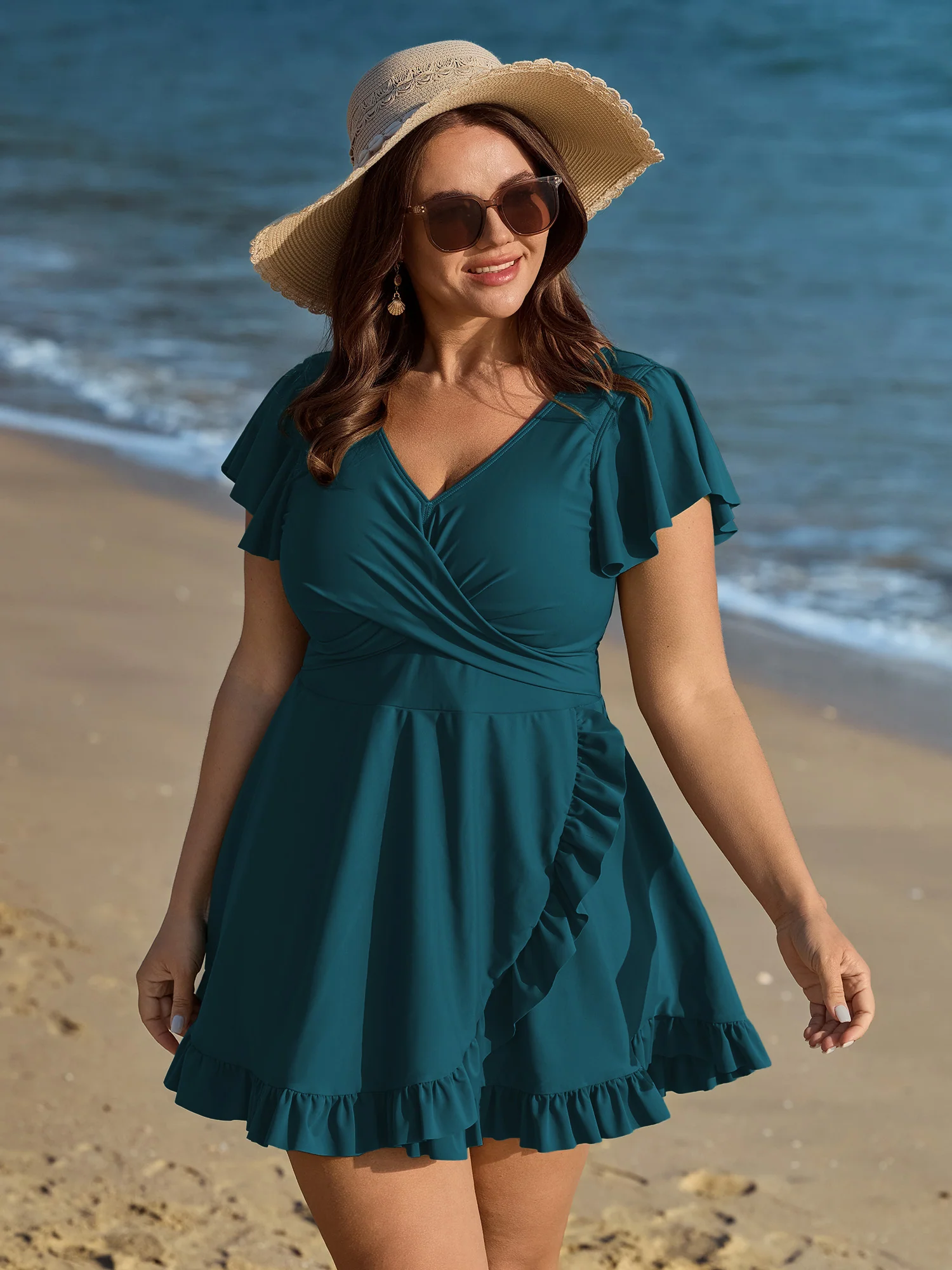 Ruffled Sleeve Curvy Hem Swim Dress - Image 16