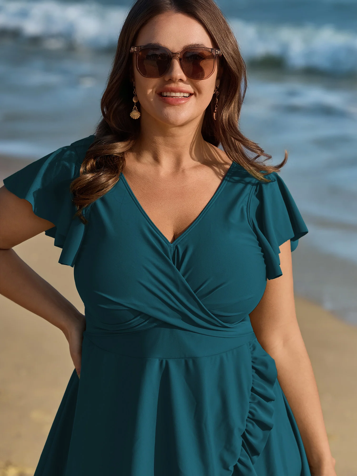 Ruffled Sleeve Curvy Hem Swim Dress - Image 17