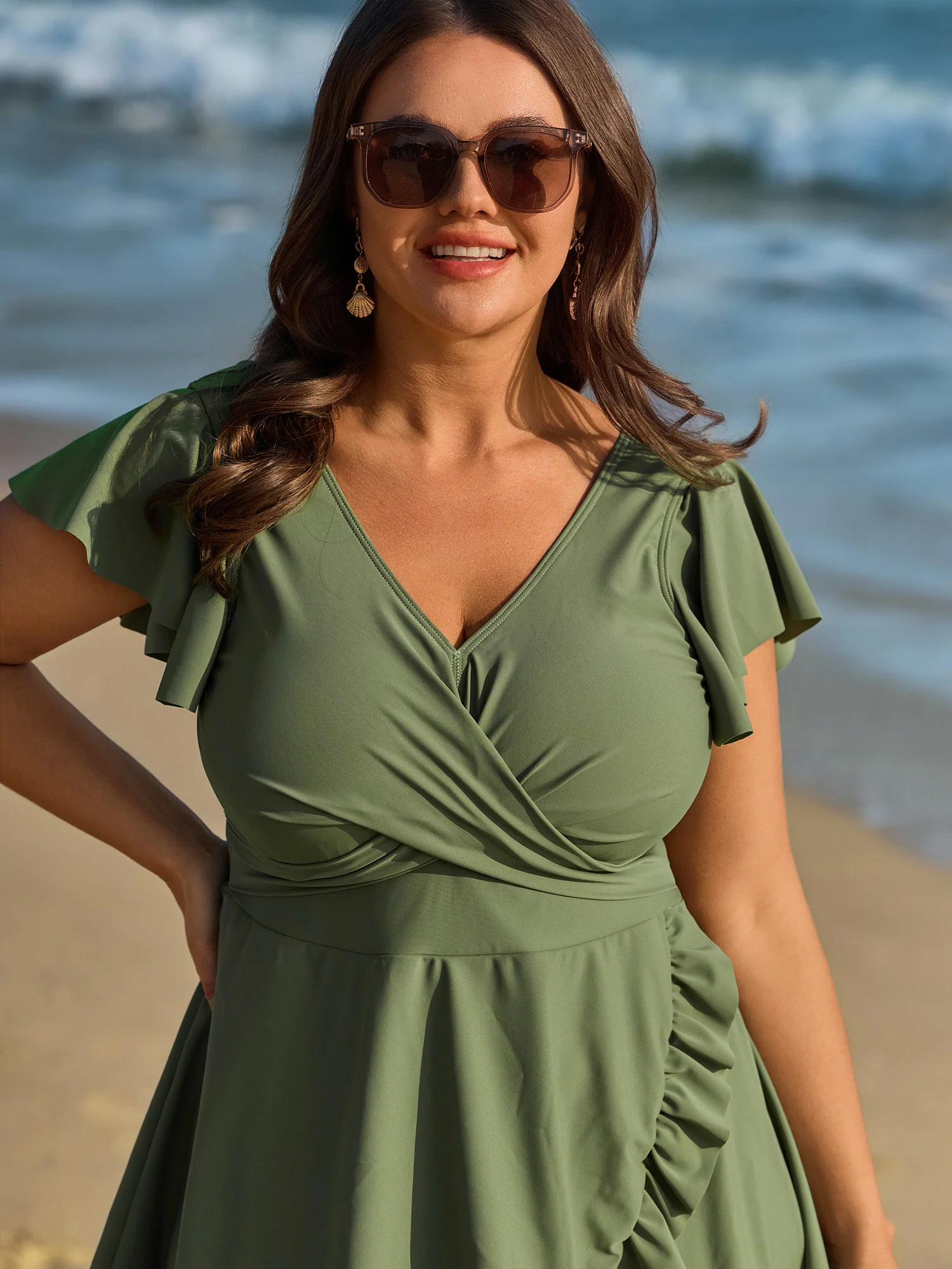 Ruffled Sleeve Curvy Hem Swim Dress - Image 2