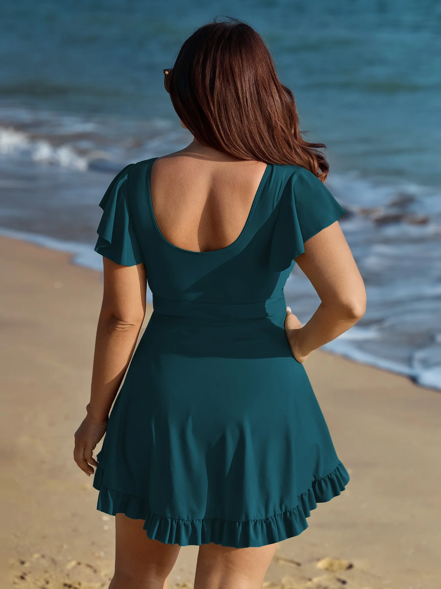 Ruffled Sleeve Curvy Hem Swim Dress - Image 20