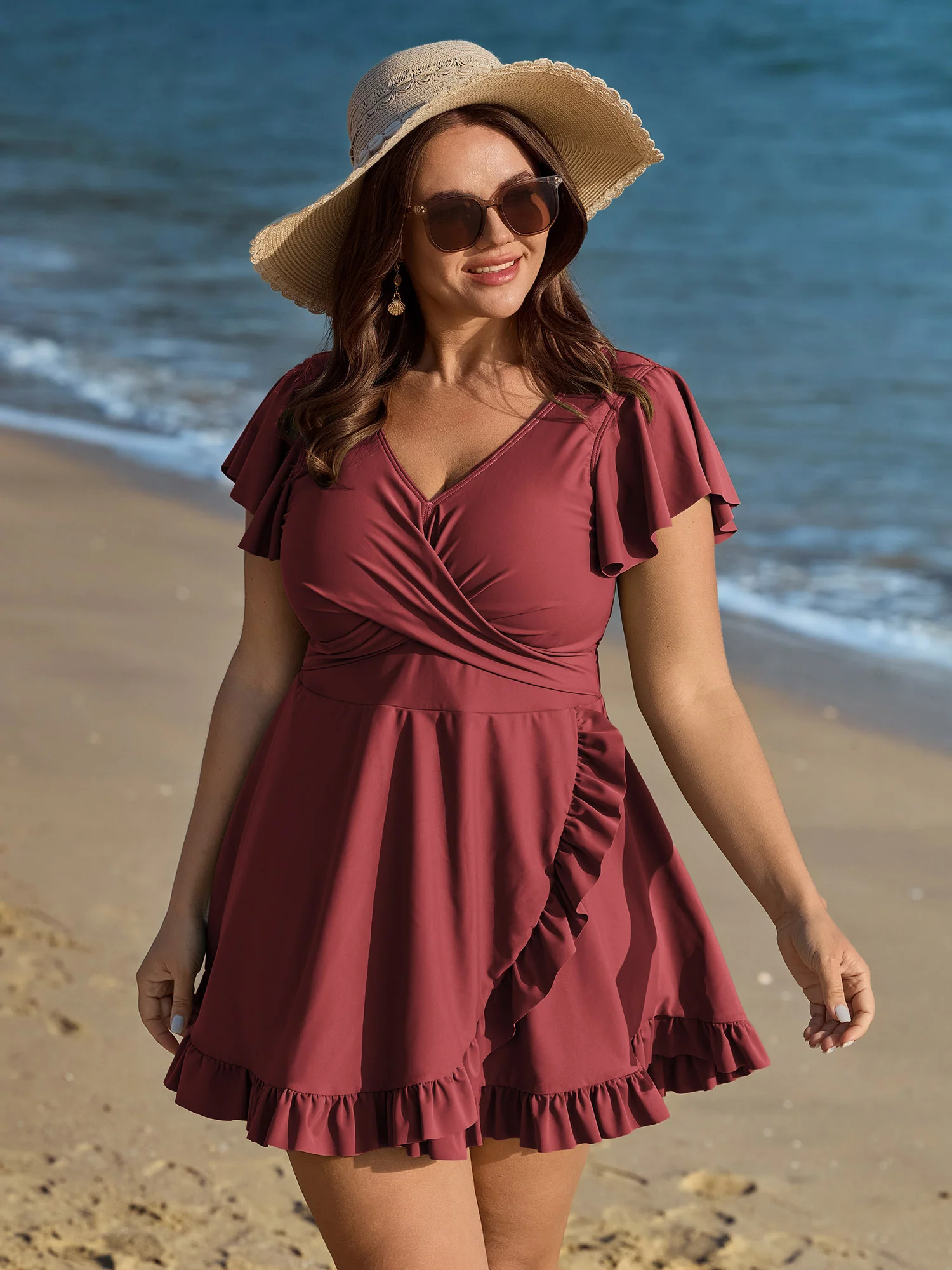 Ruffled Sleeve Curvy Hem Swim Dress - Image 21