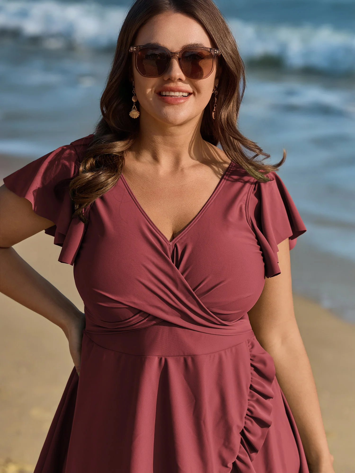 Ruffled Sleeve Curvy Hem Swim Dress - Image 22
