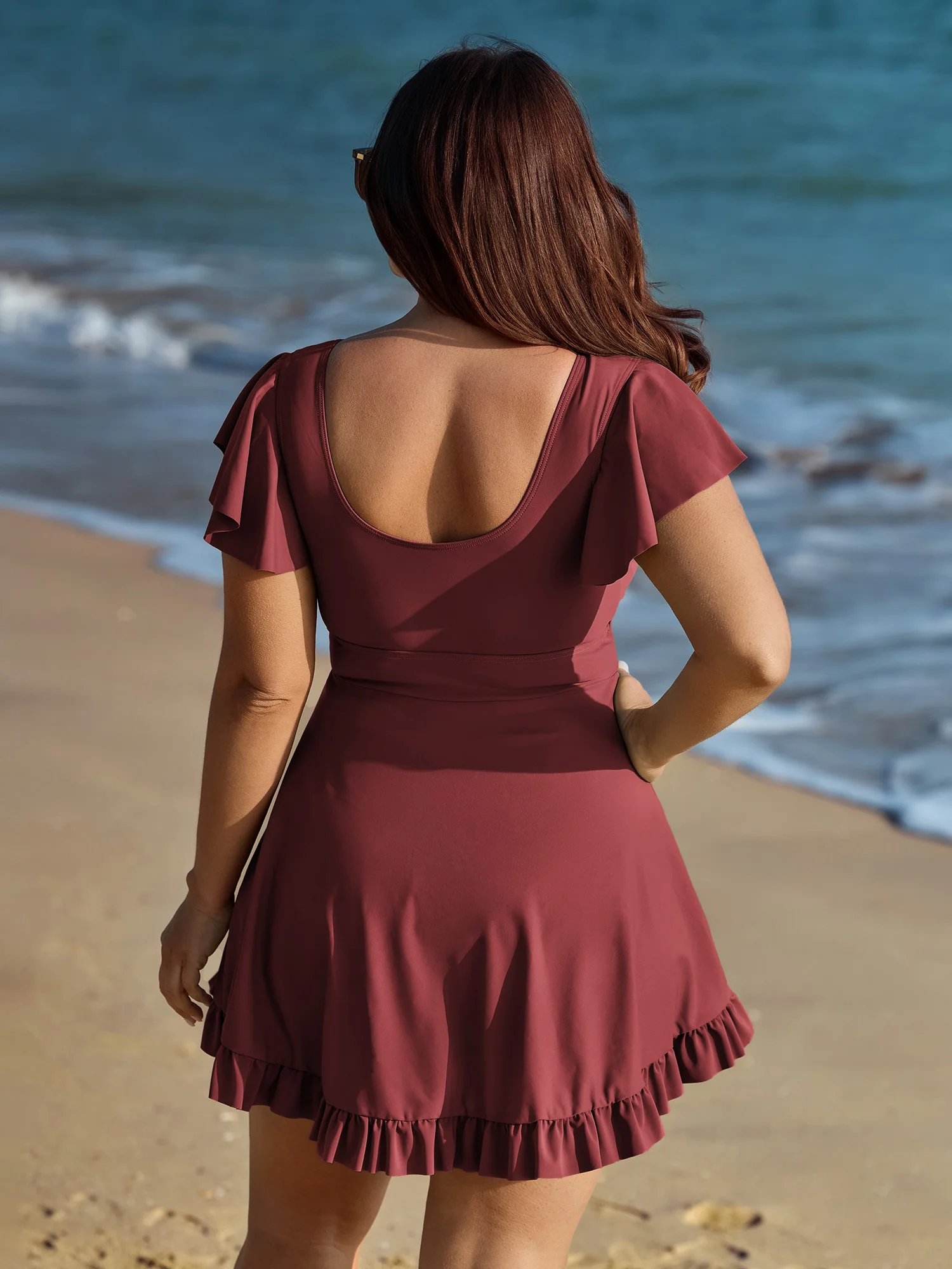 Ruffled Sleeve Curvy Hem Swim Dress - Image 24