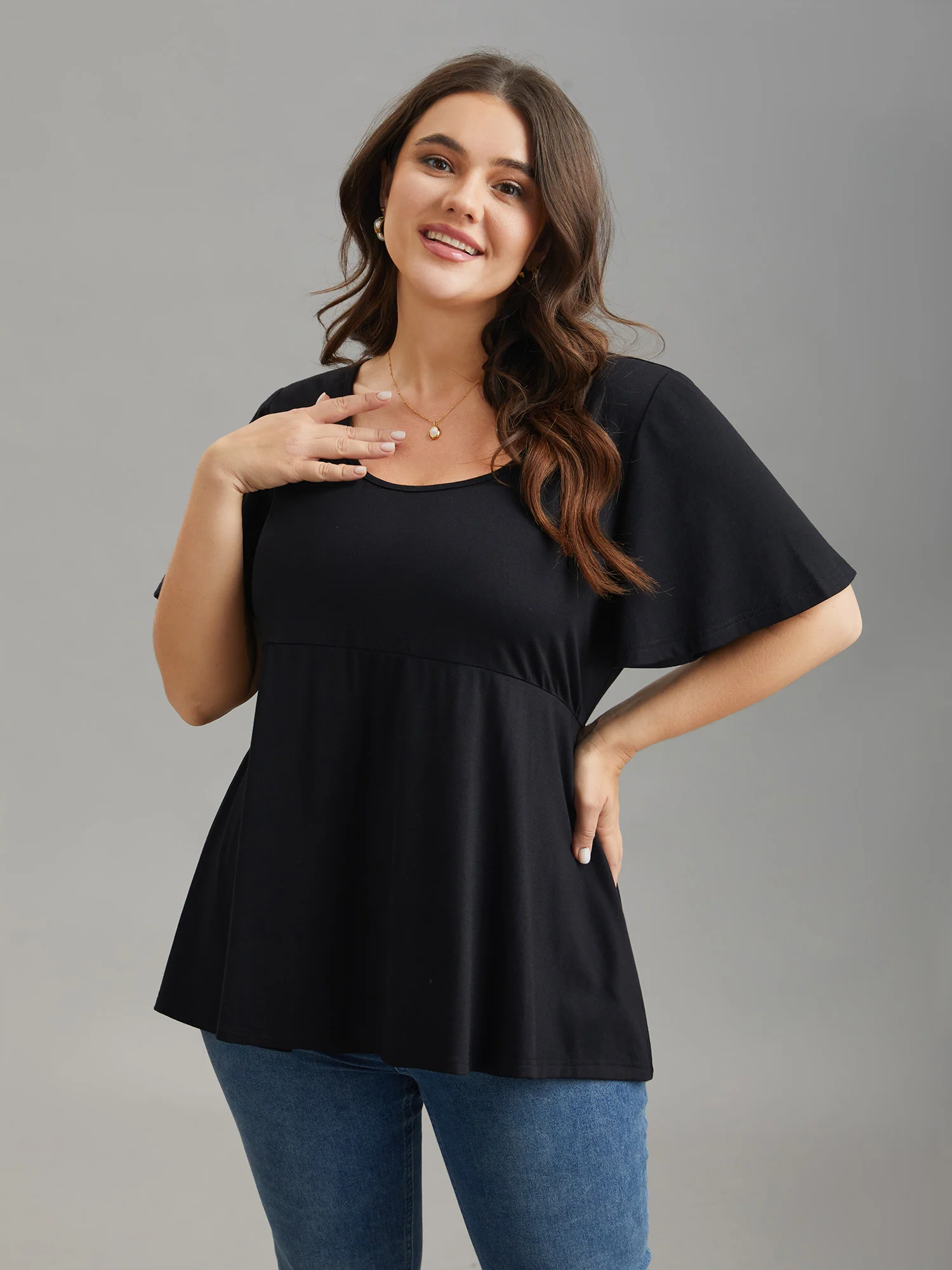 Ruffled Sleeve Round Neck Babydoll Top - Image 2