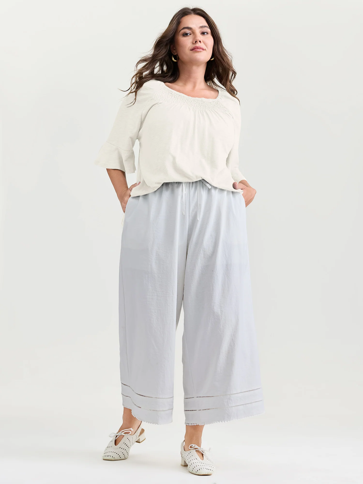 Ruffled Sleeve Shirred Neckline Plain Top - Image 10