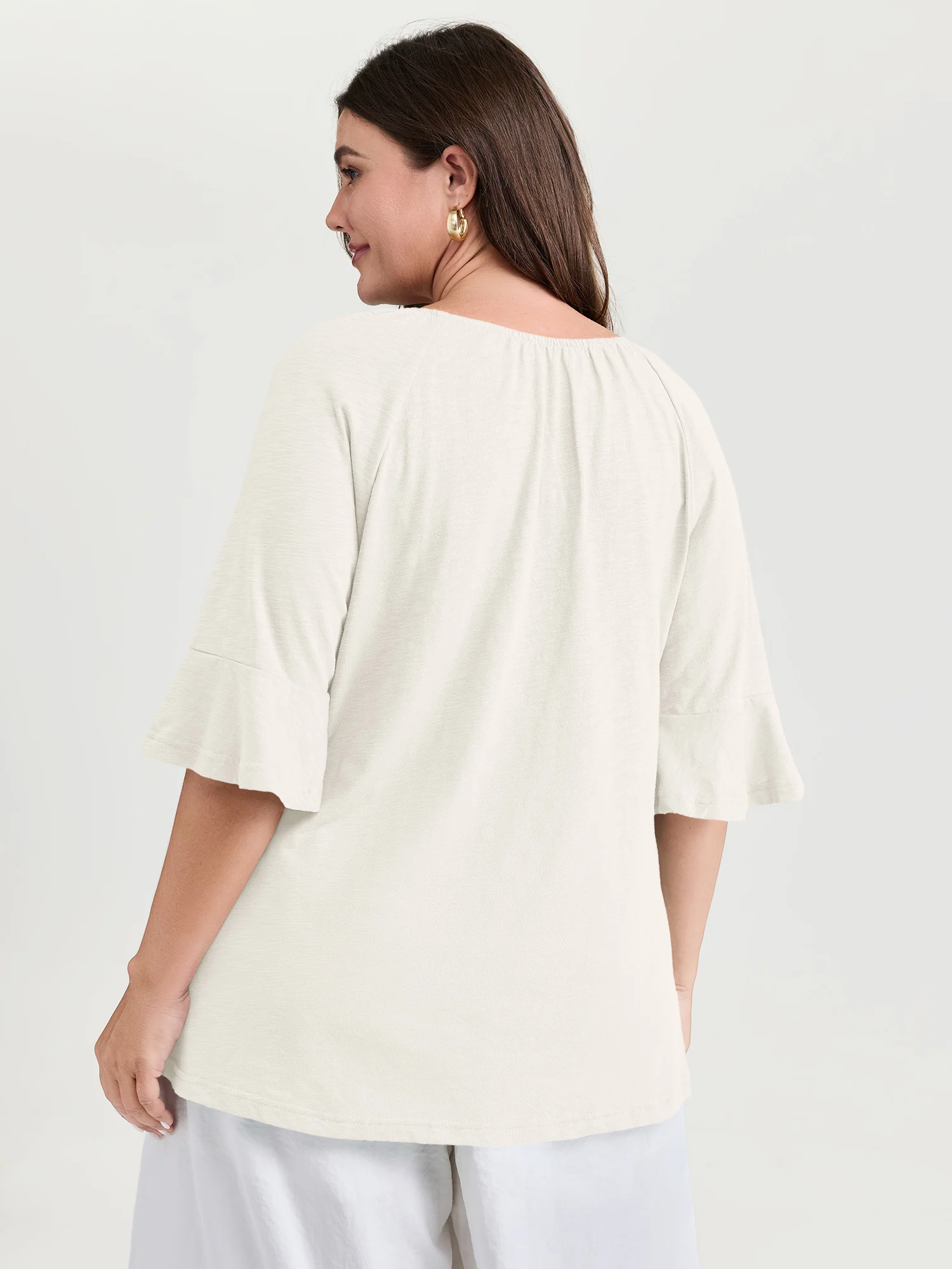 Ruffled Sleeve Shirred Neckline Plain Top - Image 11