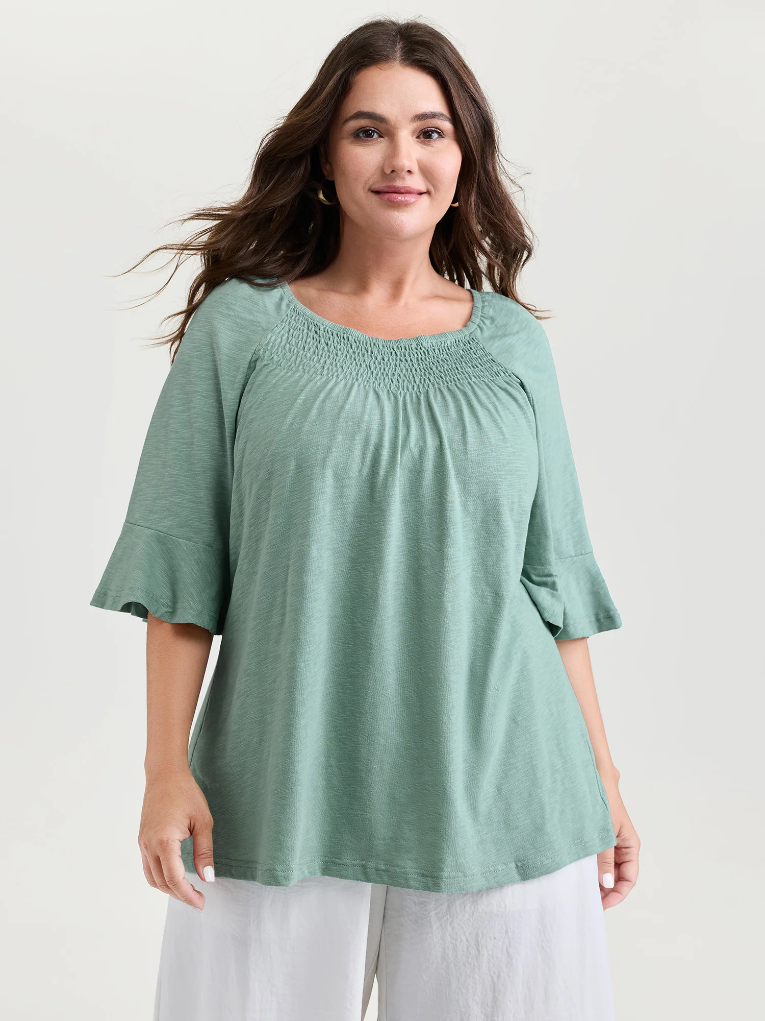 Ruffled Sleeve Shirred Neckline Plain Top - Image 2