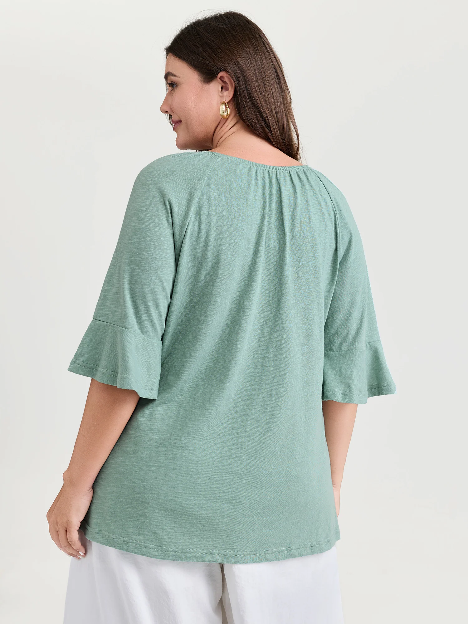 Ruffled Sleeve Shirred Neckline Plain Top - Image 4