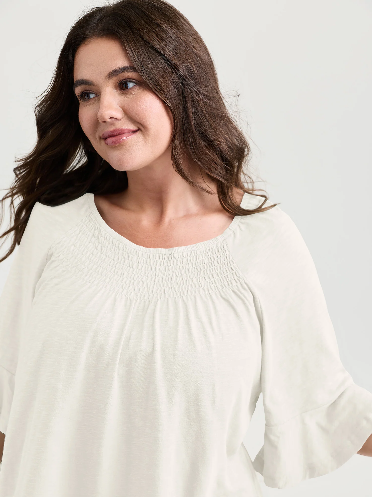 Ruffled Sleeve Shirred Neckline Plain Top - Image 8