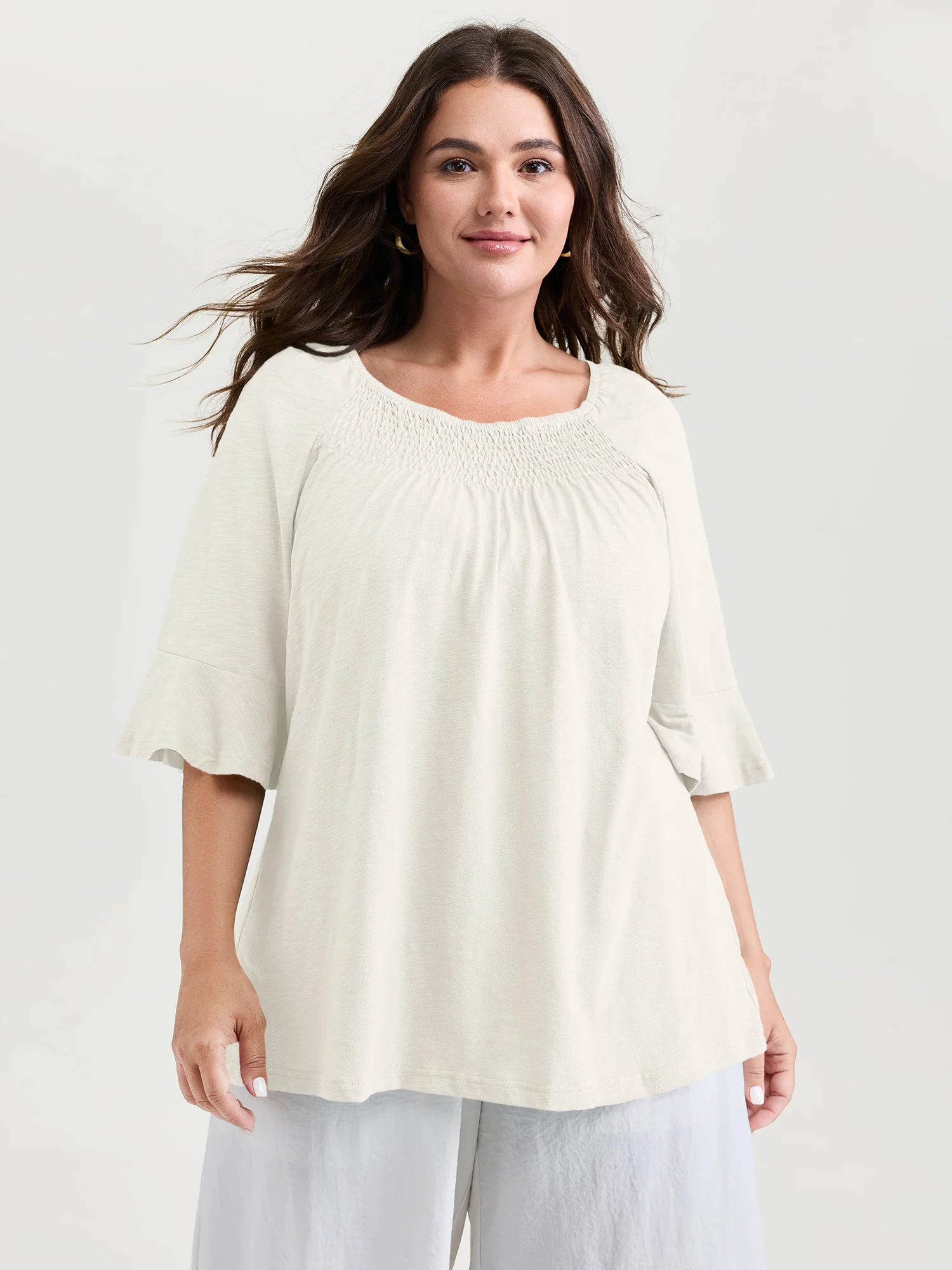 Ruffled Sleeve Shirred Neckline Plain Top - Image 9