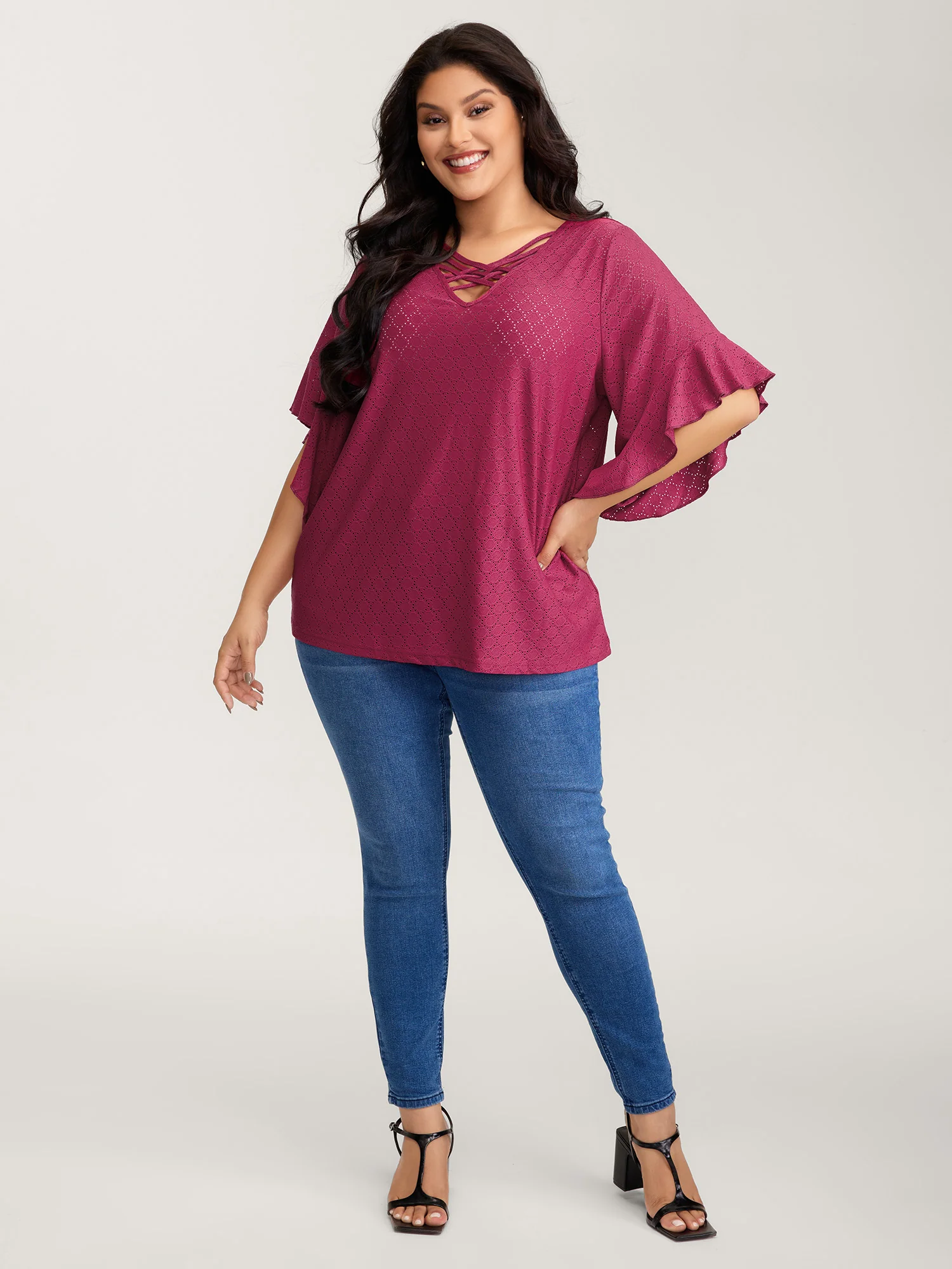 Ruffled Sleeve Textured Cut-Out Neck T-Shirt - Image 3