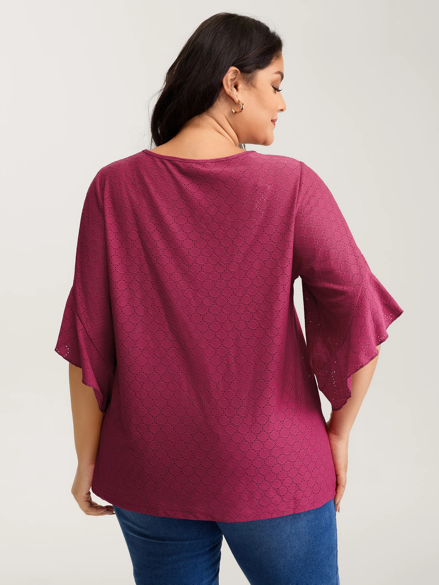 Ruffled Sleeve Textured Cut-Out Neck T-Shirt - Image 4
