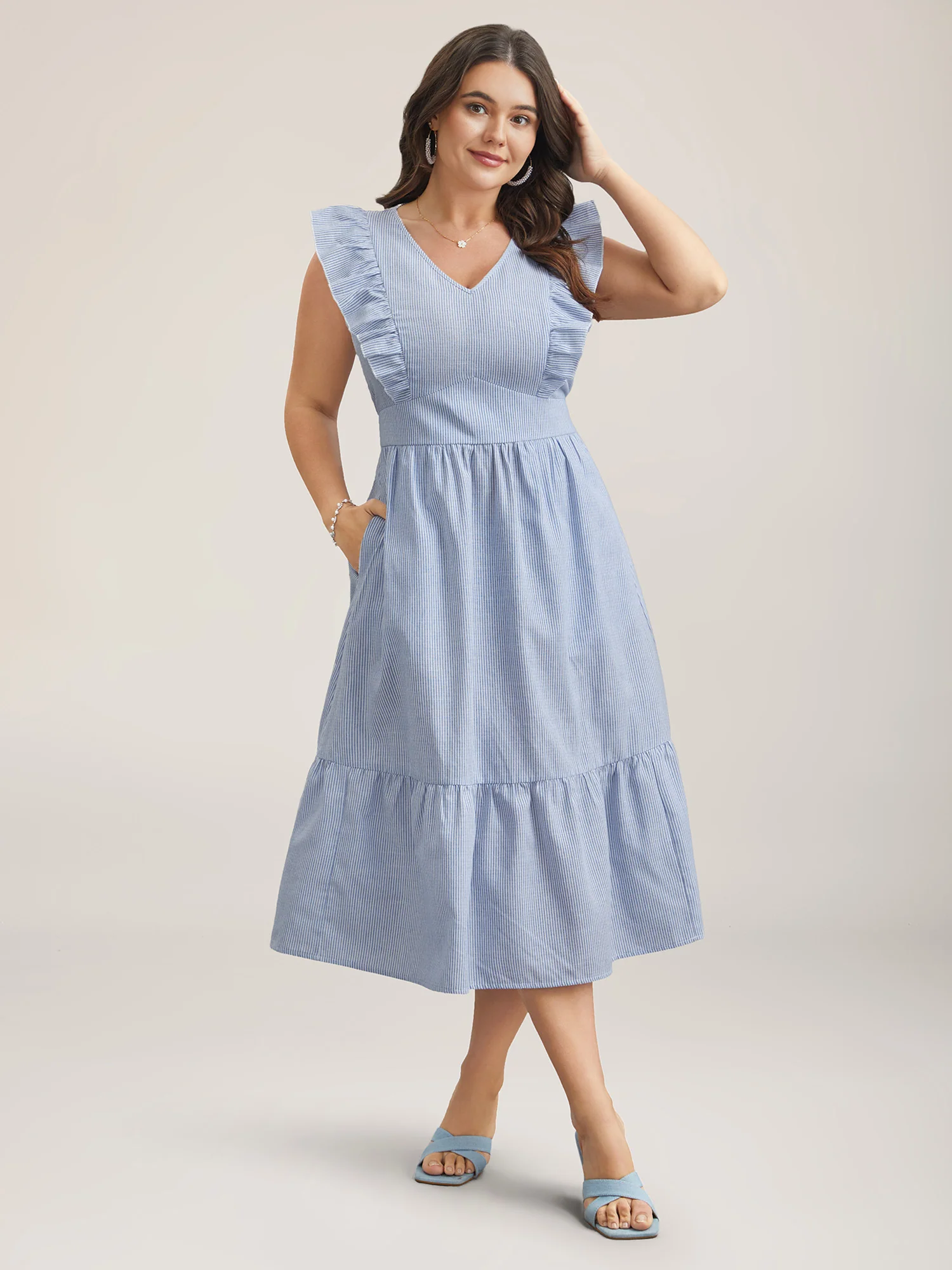 Ruffled Striped Print Triangular Waist Midi Dress - Image 3