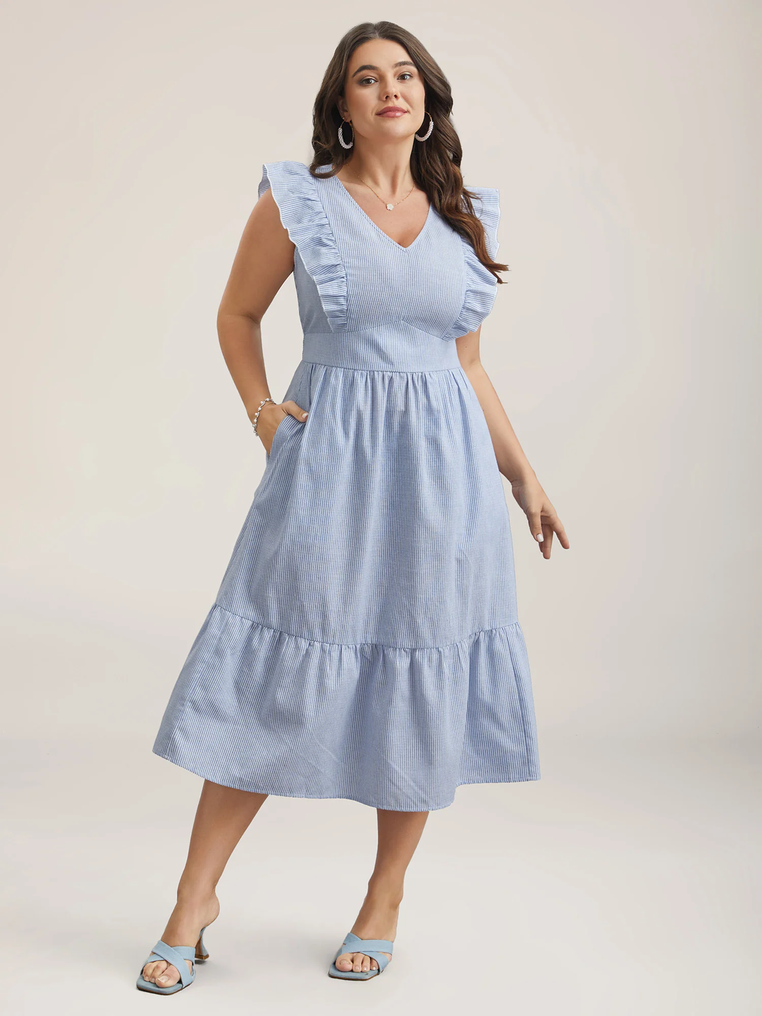 Ruffled Striped Print Triangular Waist Midi Dress - Image 4