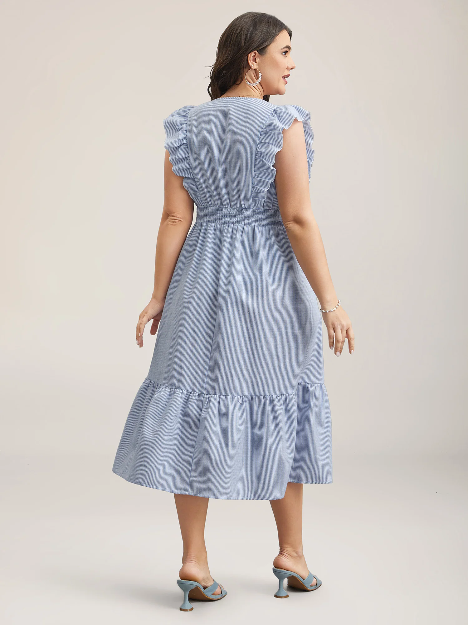 Ruffled Striped Print Triangular Waist Midi Dress - Image 5