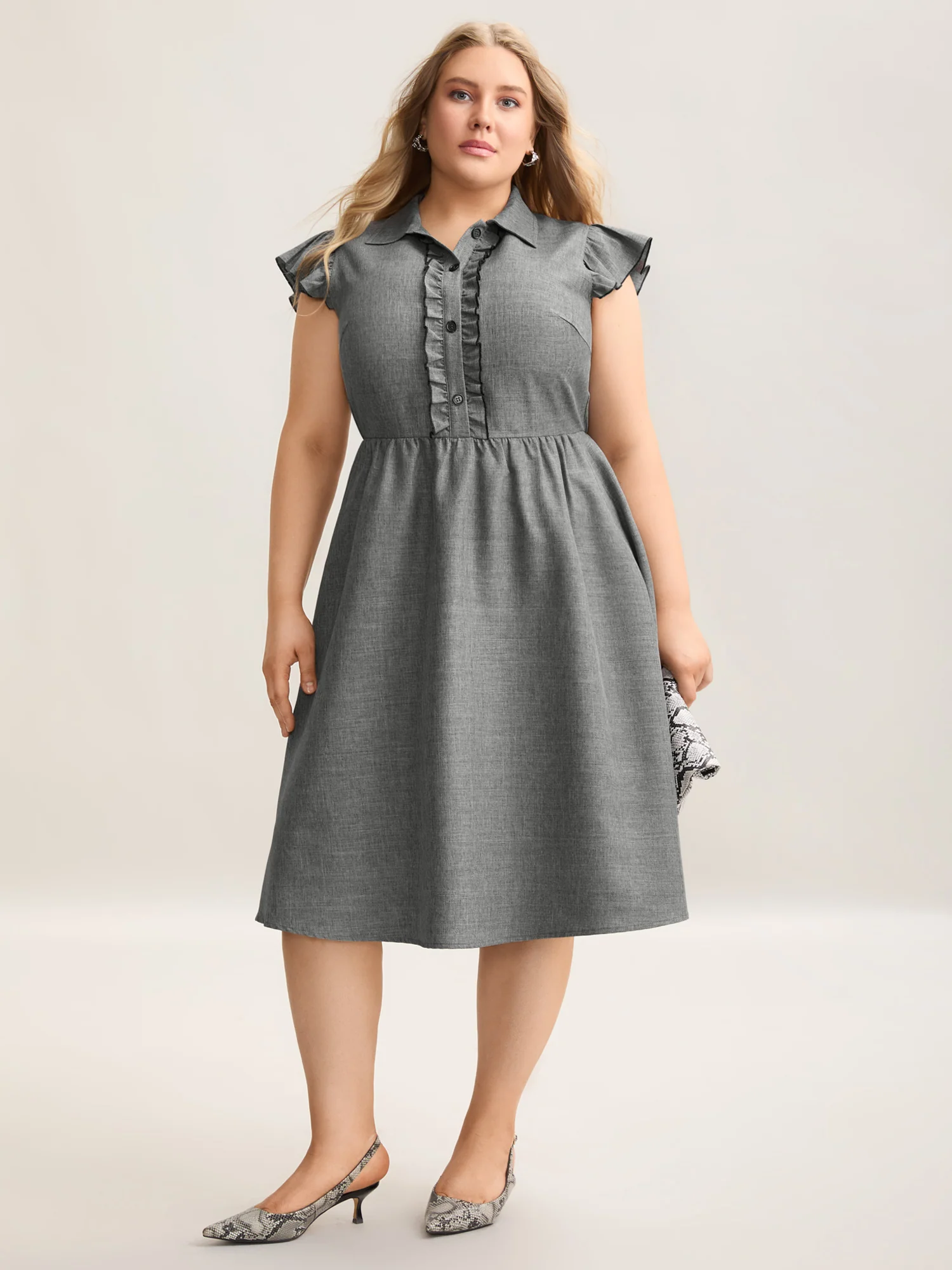 Ruffled Trim Shirt Collar Flared Midi Dress - Image 2