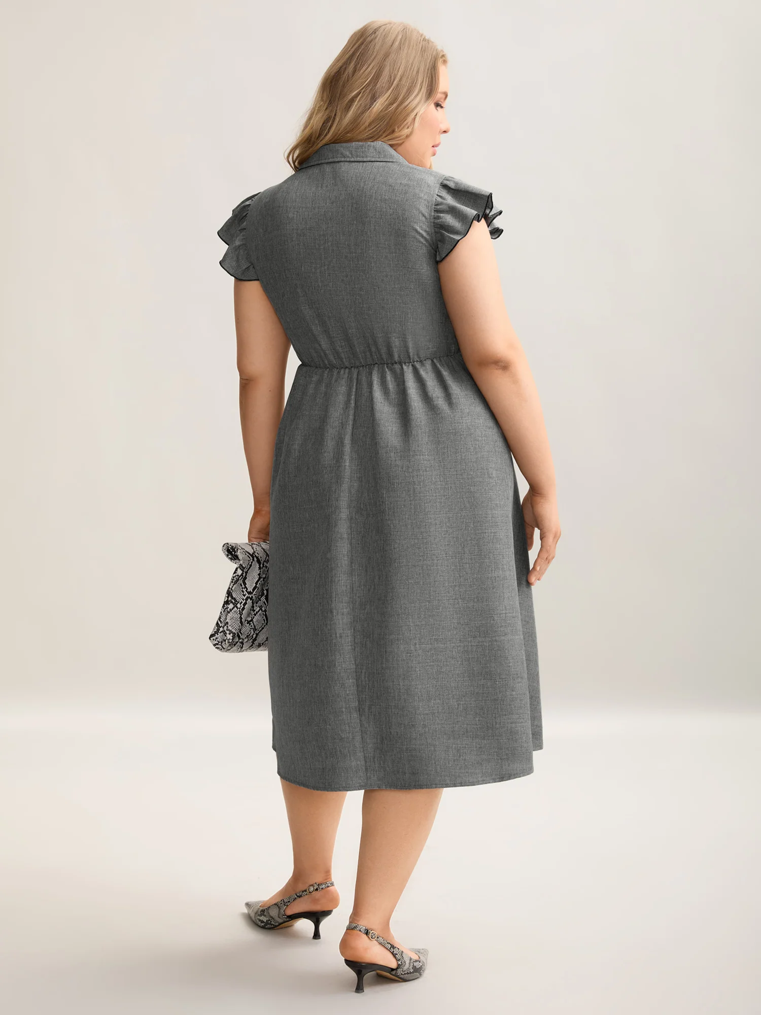 Ruffled Trim Shirt Collar Flared Midi Dress - Image 3