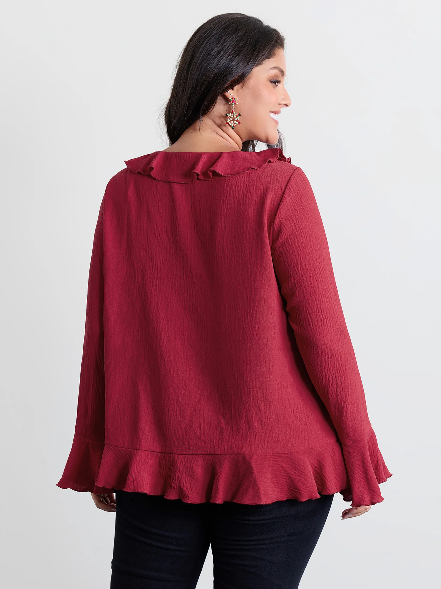 Ruffled V-Neck Curvy Edge Blouse - Image 6