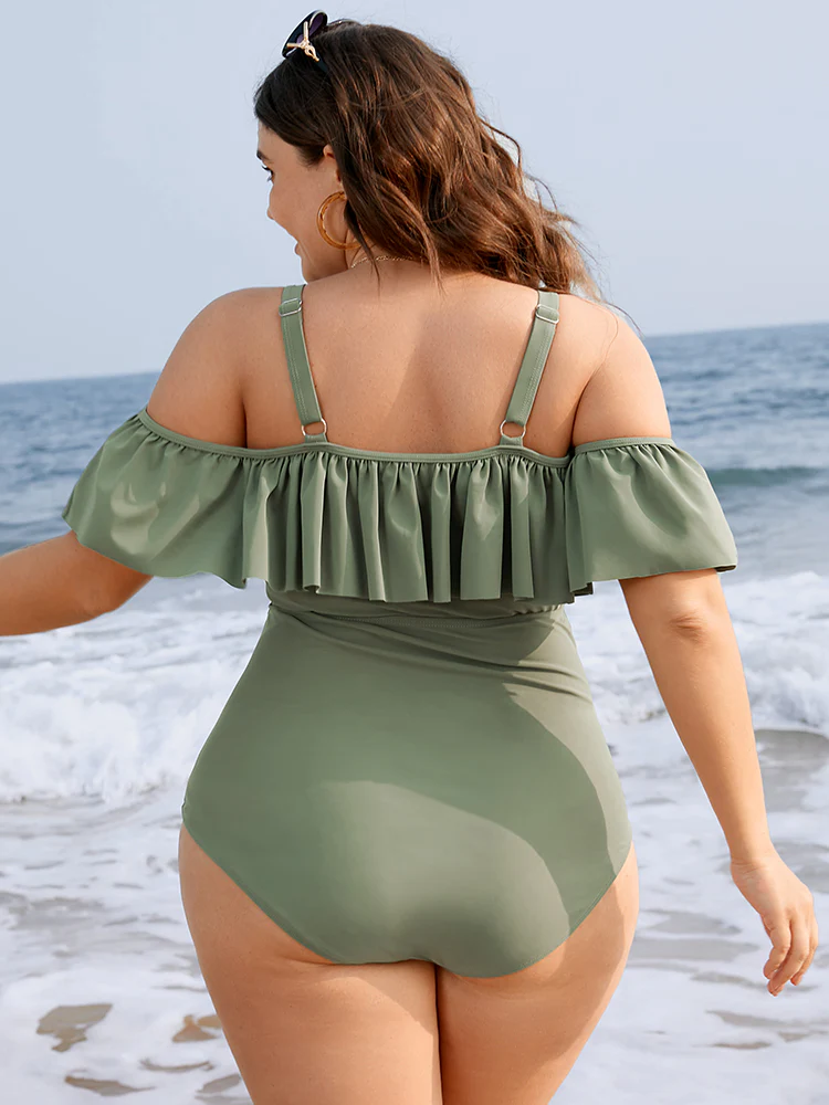 Ruffles Trim Sculpt Waist Cold Shoulder One Piece Swimsuit - Image 2