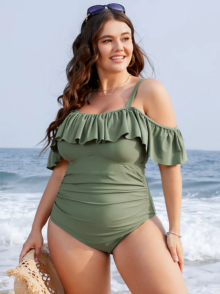 Ruffles Trim Sculpt Waist Cold Shoulder One Piece Swimsuit - Image 4
