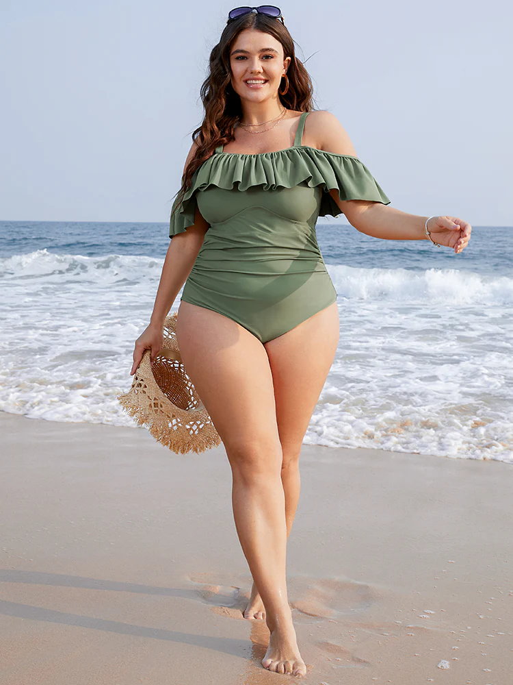 Ruffles Trim Sculpt Waist Cold Shoulder One Piece Swimsuit - Image 5