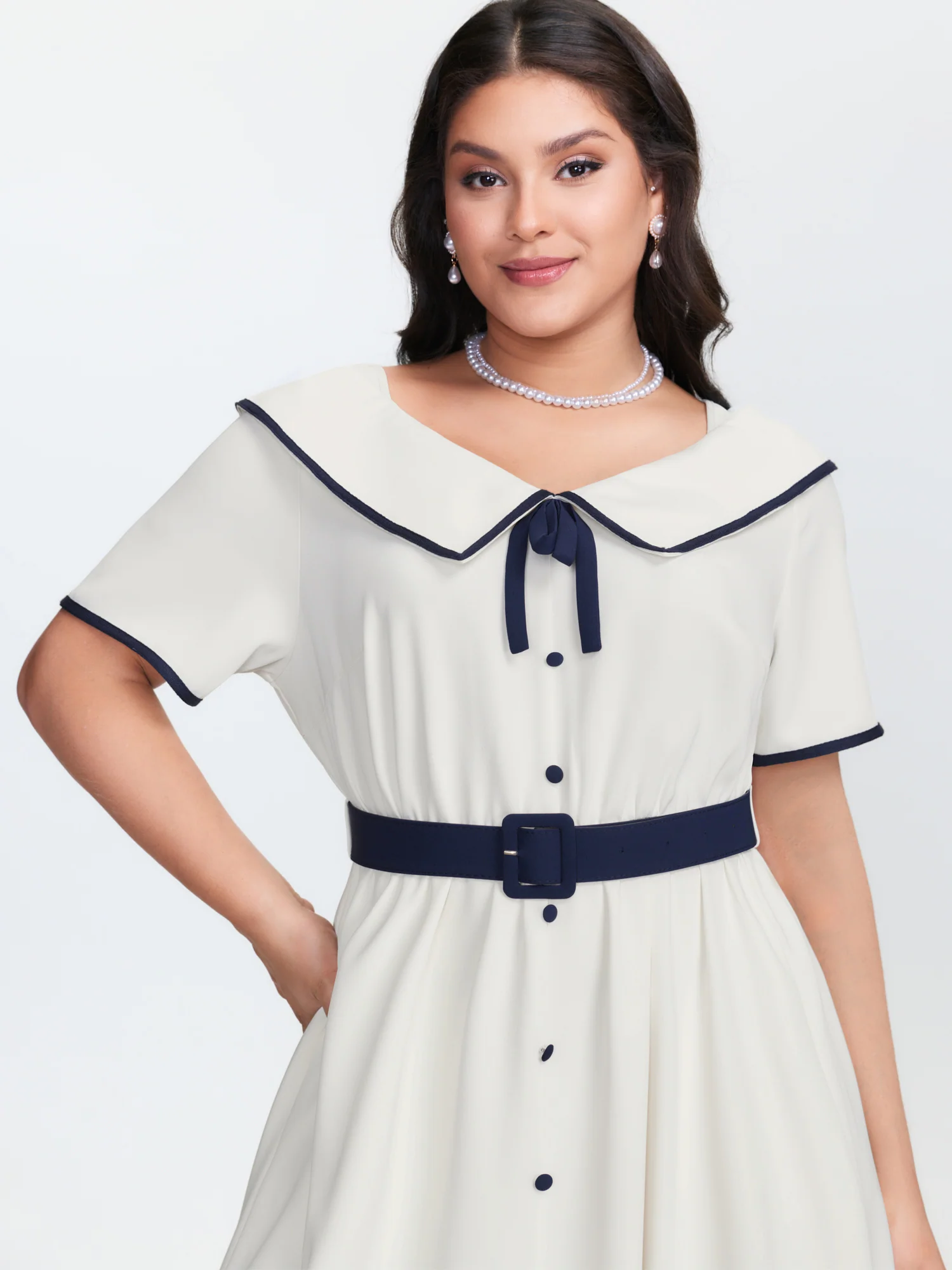 Sailor Collar Pockets Belted Midi Dress - Image 2