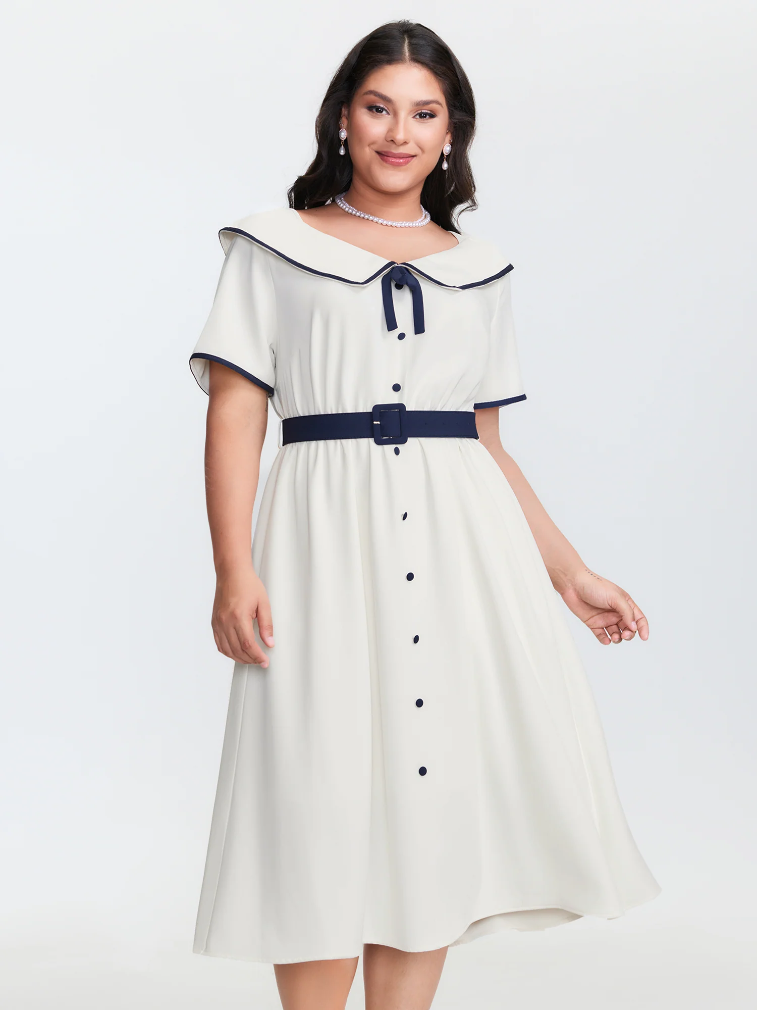 Sailor Collar Pockets Belted Midi Dress - Image 3