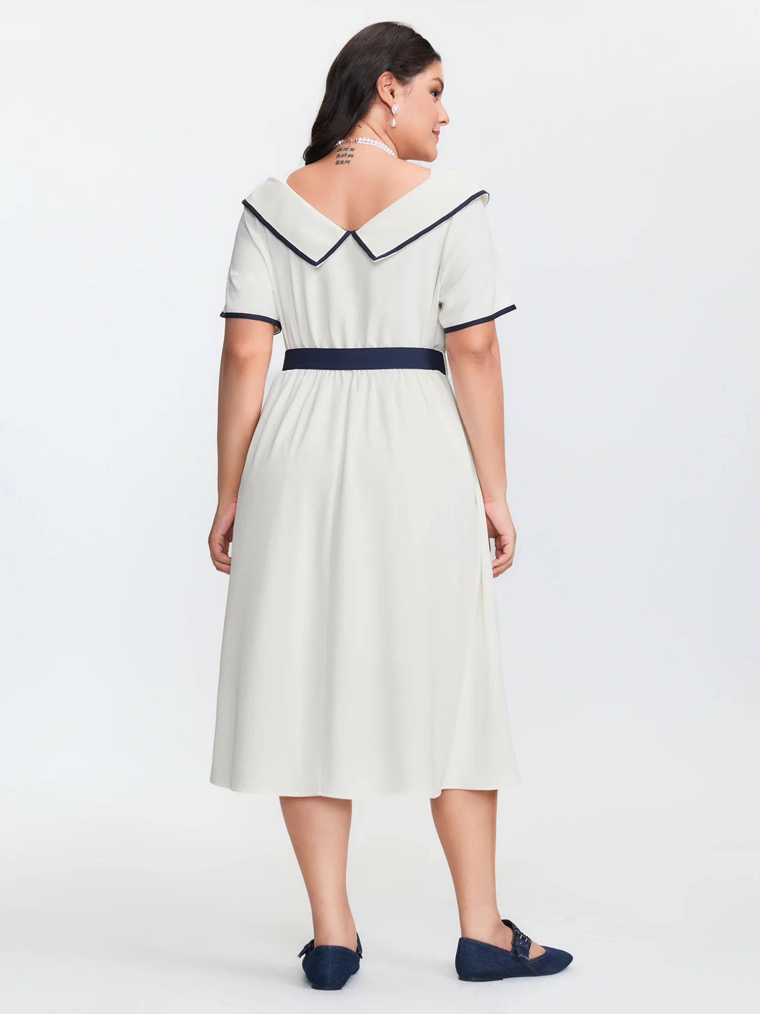 Sailor Collar Pockets Belted Midi Dress - Image 4