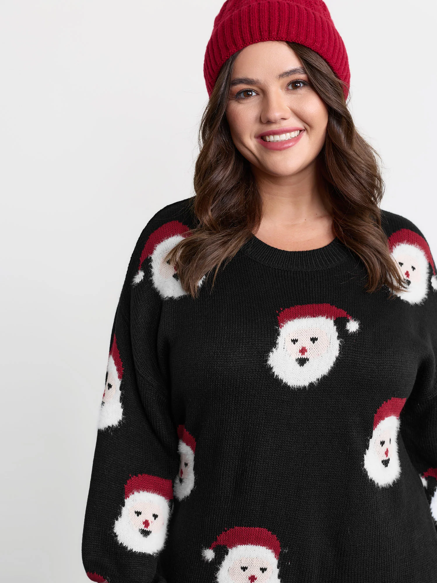 Santa Claus Print Embroidered Textured Sweater Dress - Image 2