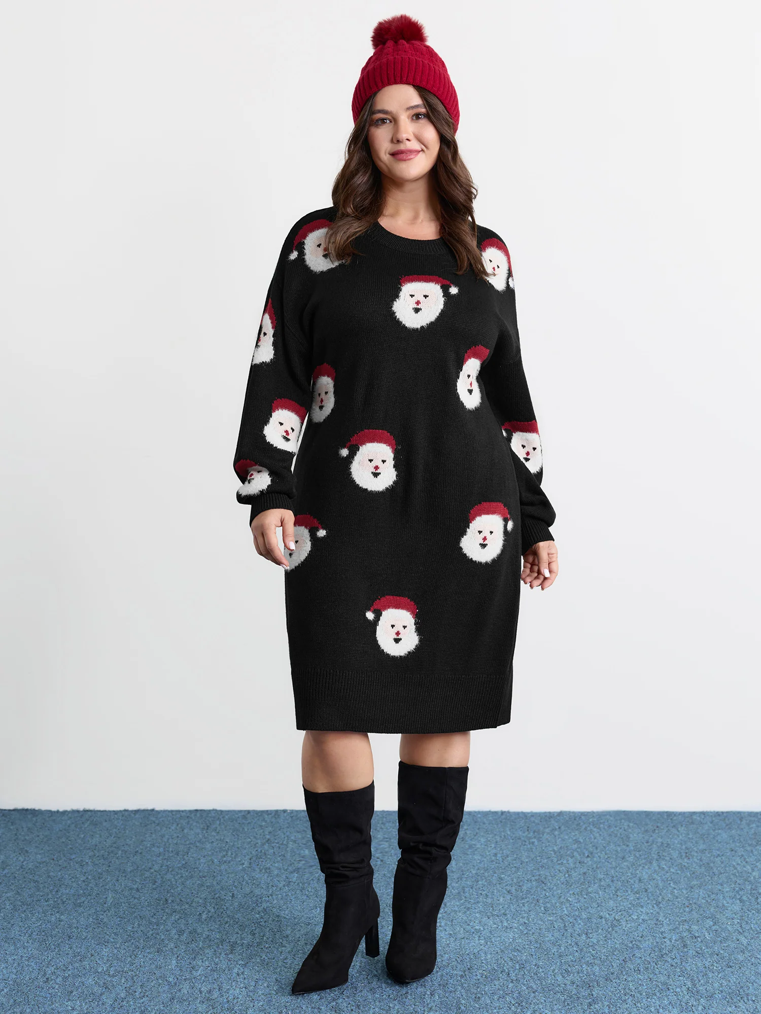 Santa Claus Print Embroidered Textured Sweater Dress - Image 3