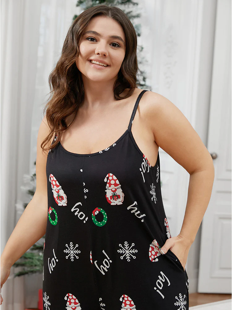 Santa Claus Print Pocket Cami Pajama Jumpsuit - Image 11