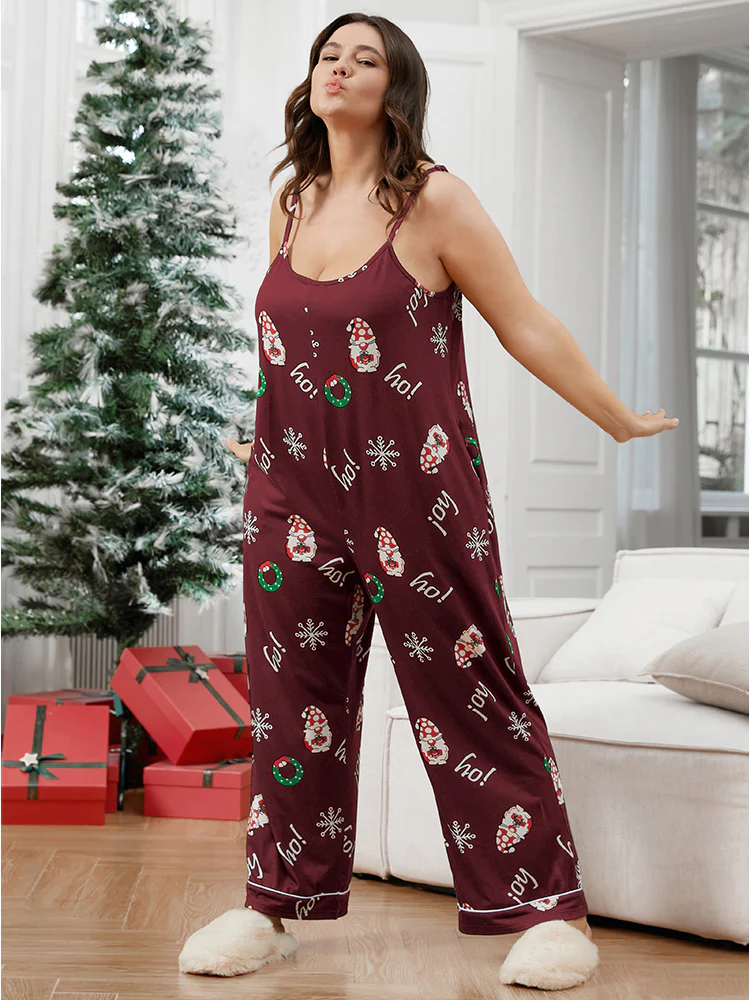 Santa Claus Print Pocket Cami Pajama Jumpsuit - Image 3