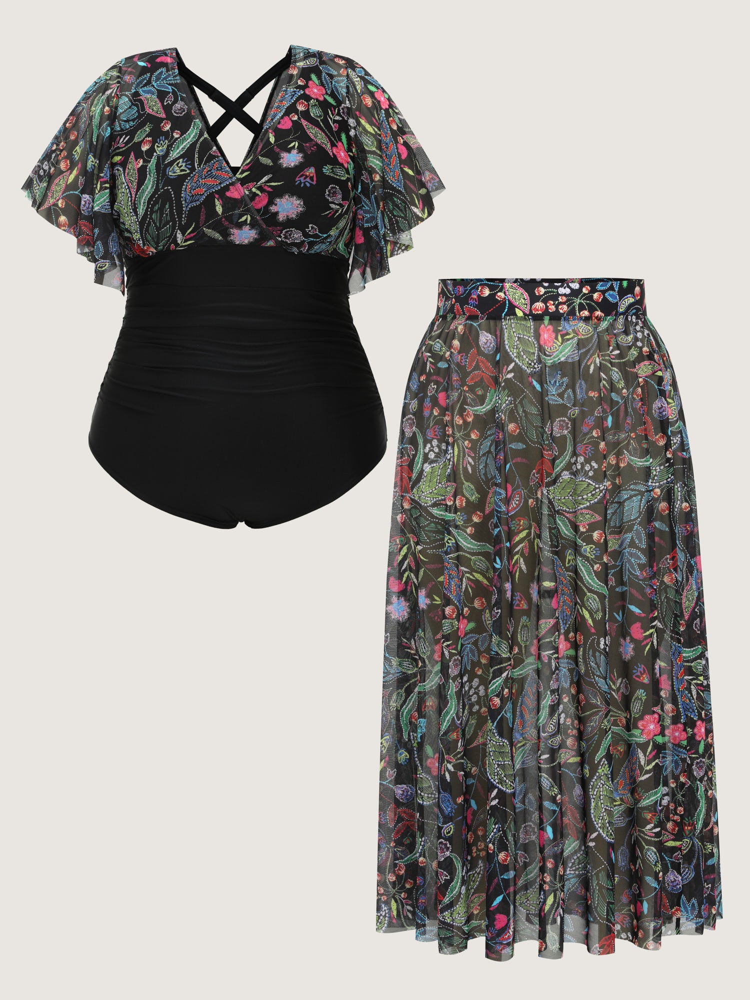 Sarong Slit Floral Print One-Piece Swim Set - Image 7