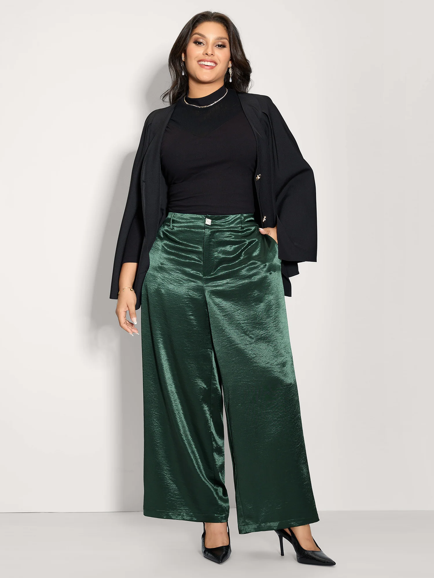 Satin Button Detail Straight-Leg Pants - Image 3