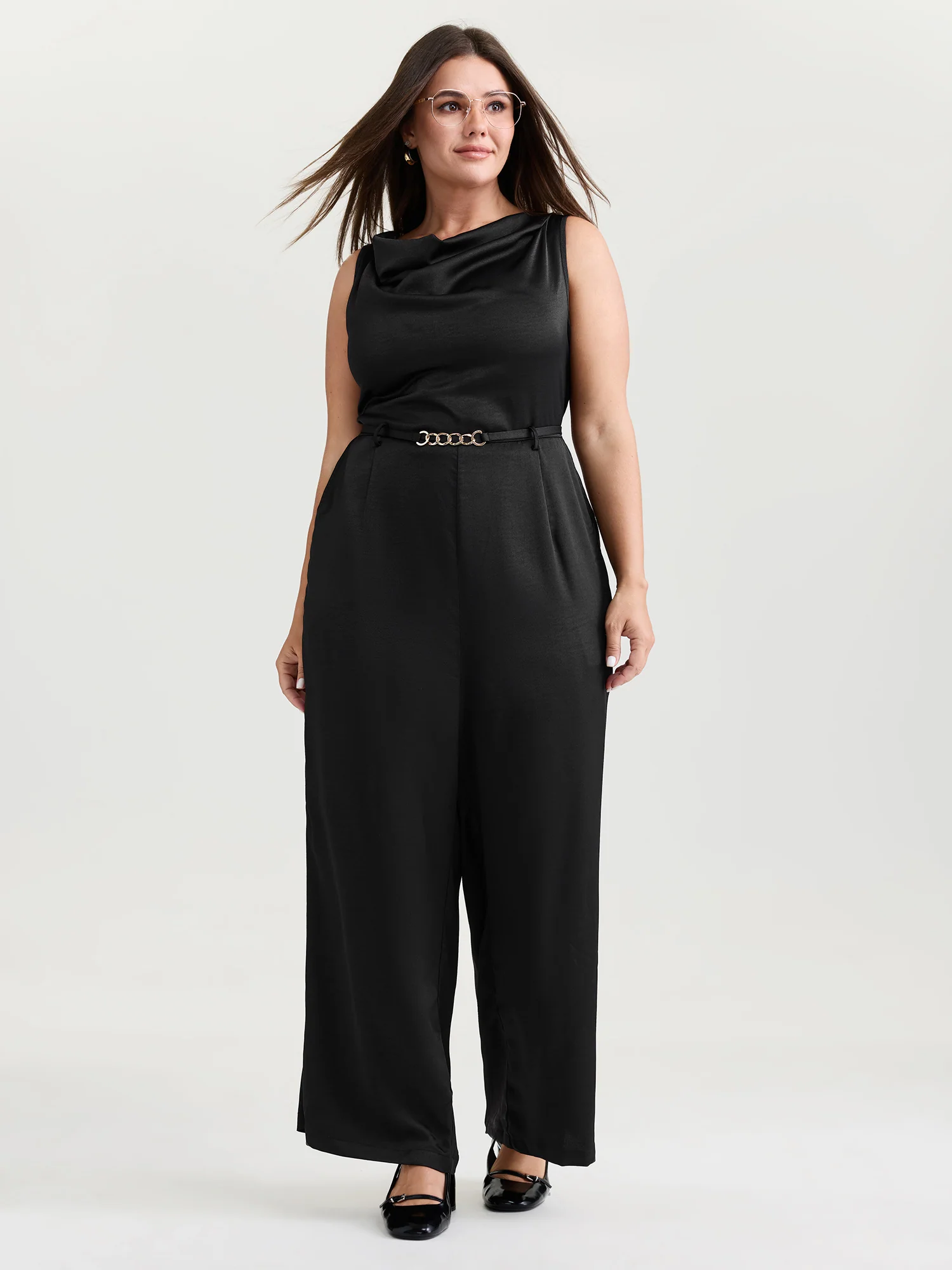 Satin Cowl Neckline Cut-Out Plain Jumpsuit - Image 3