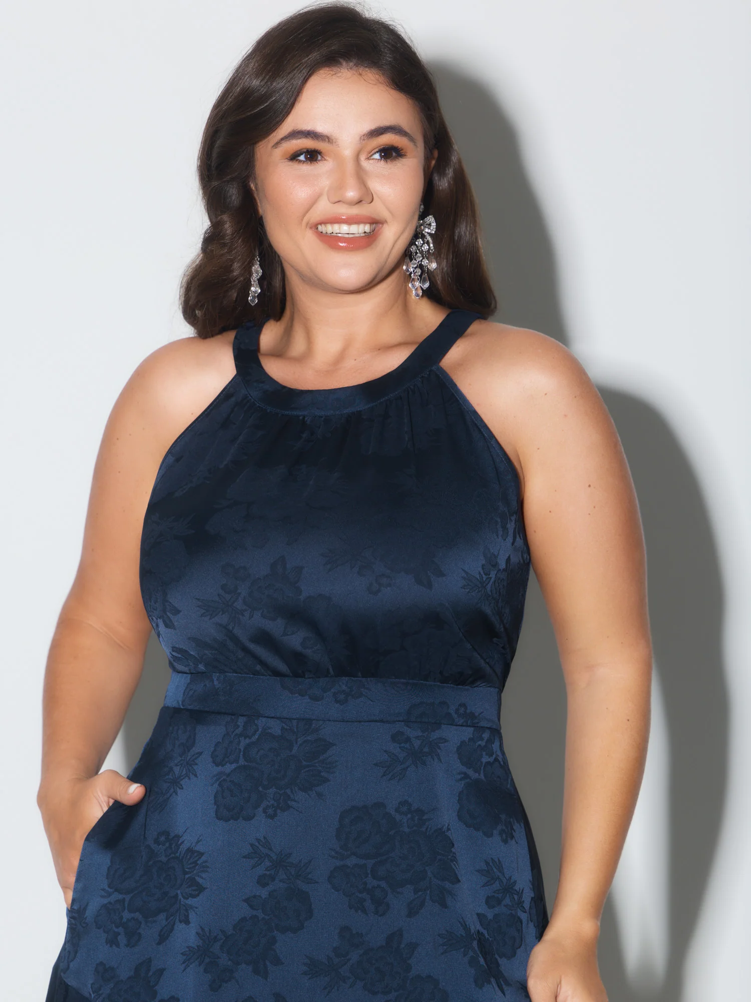 Satin Jacquard Asymmetrical Hem Midi Dress - Image 2