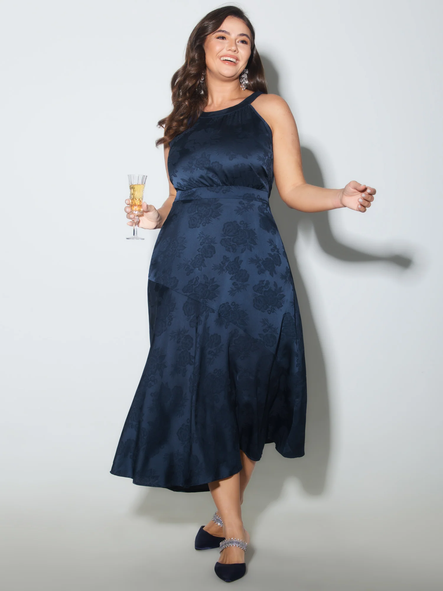 Satin Jacquard Asymmetrical Hem Midi Dress - Image 3