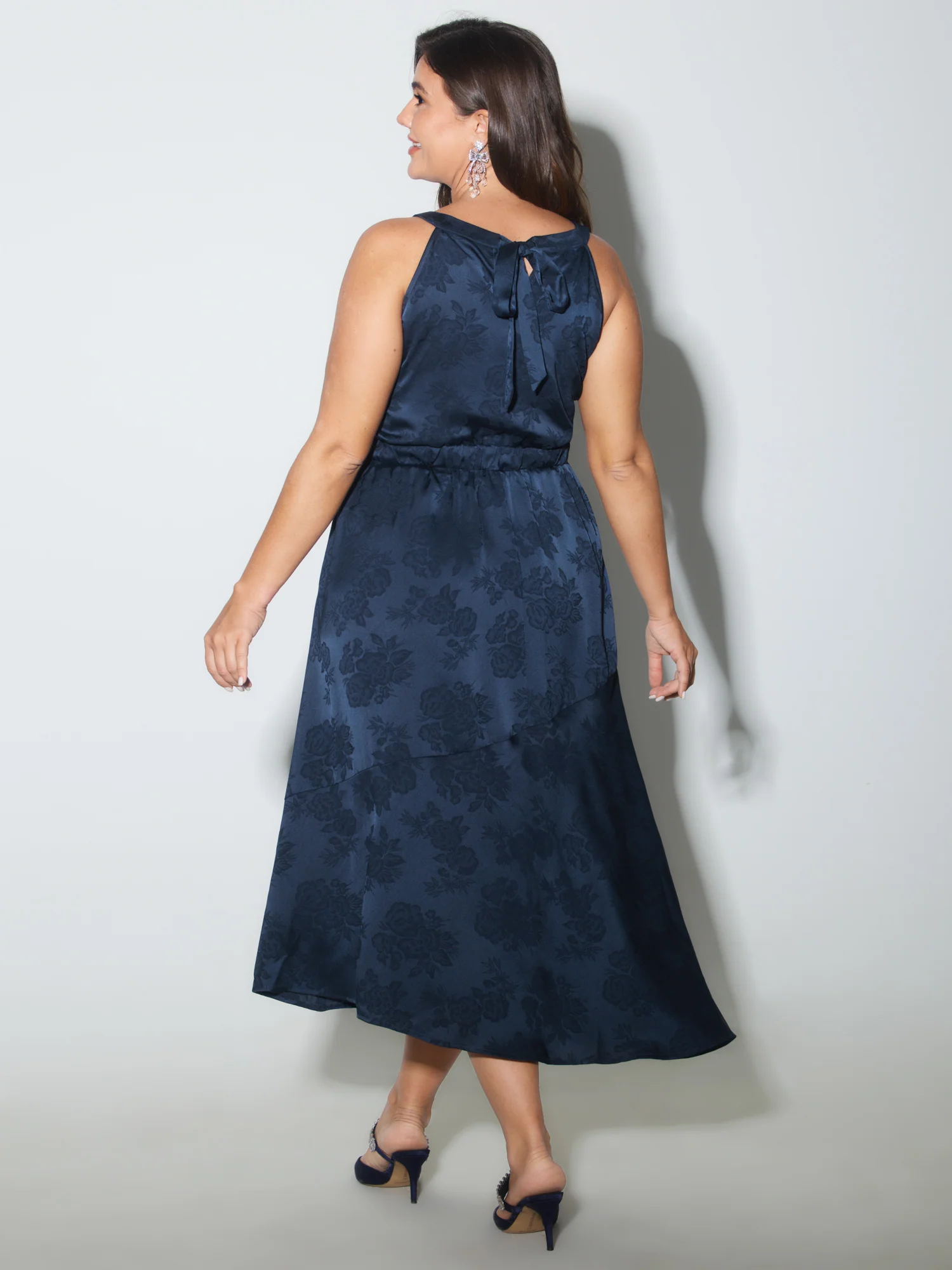 Satin Jacquard Asymmetrical Hem Midi Dress - Image 4