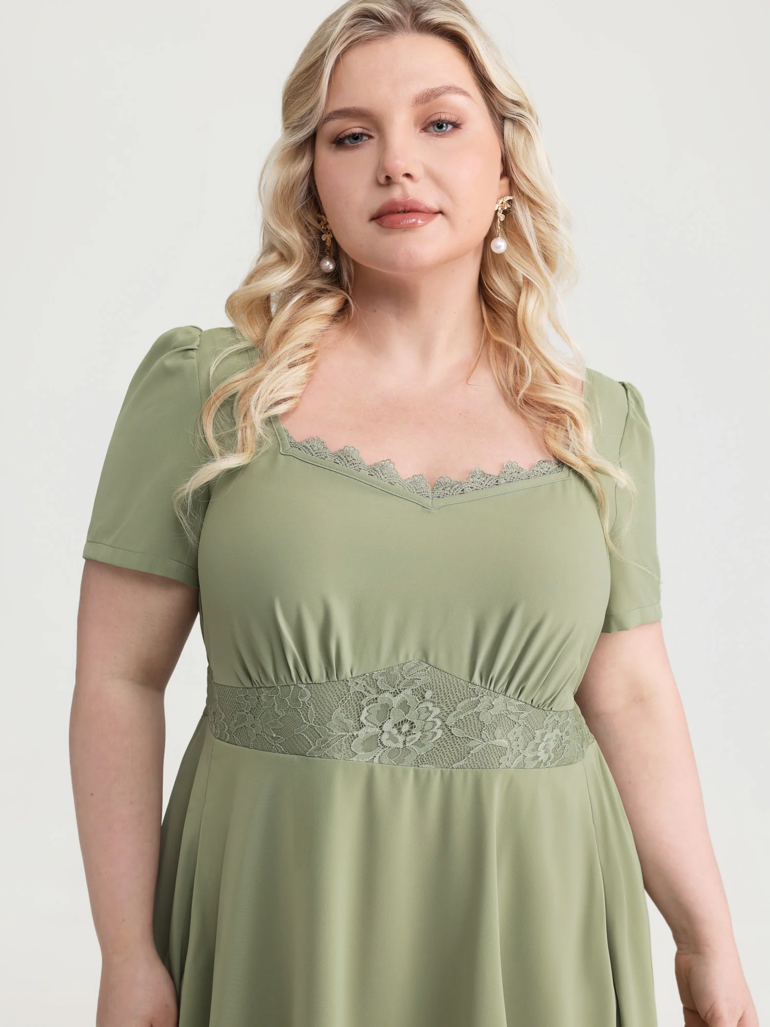 Satin Lace Neckline Cinched Waist Midi Dress - Image 2