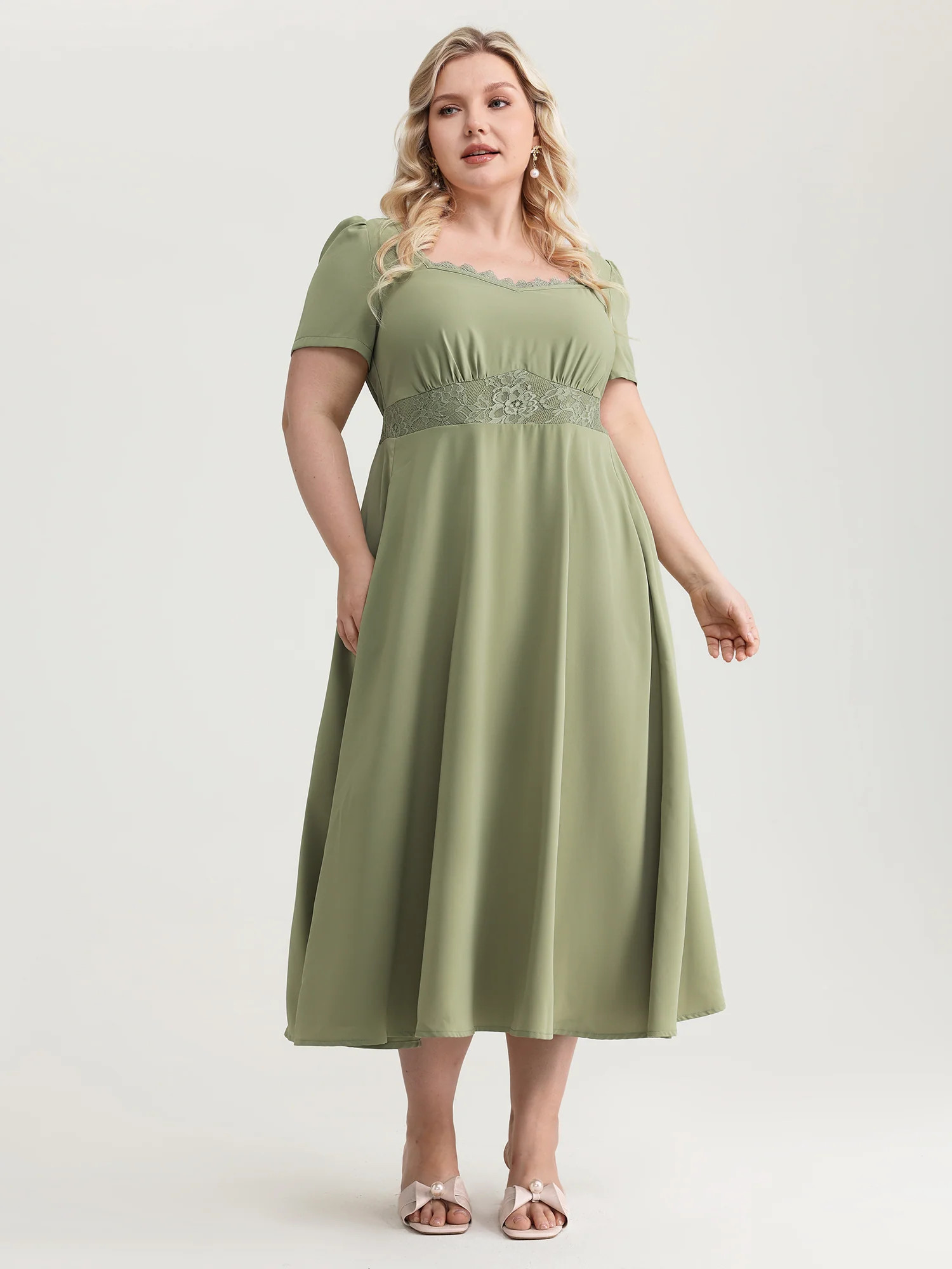 Satin Lace Neckline Cinched Waist Midi Dress - Image 3