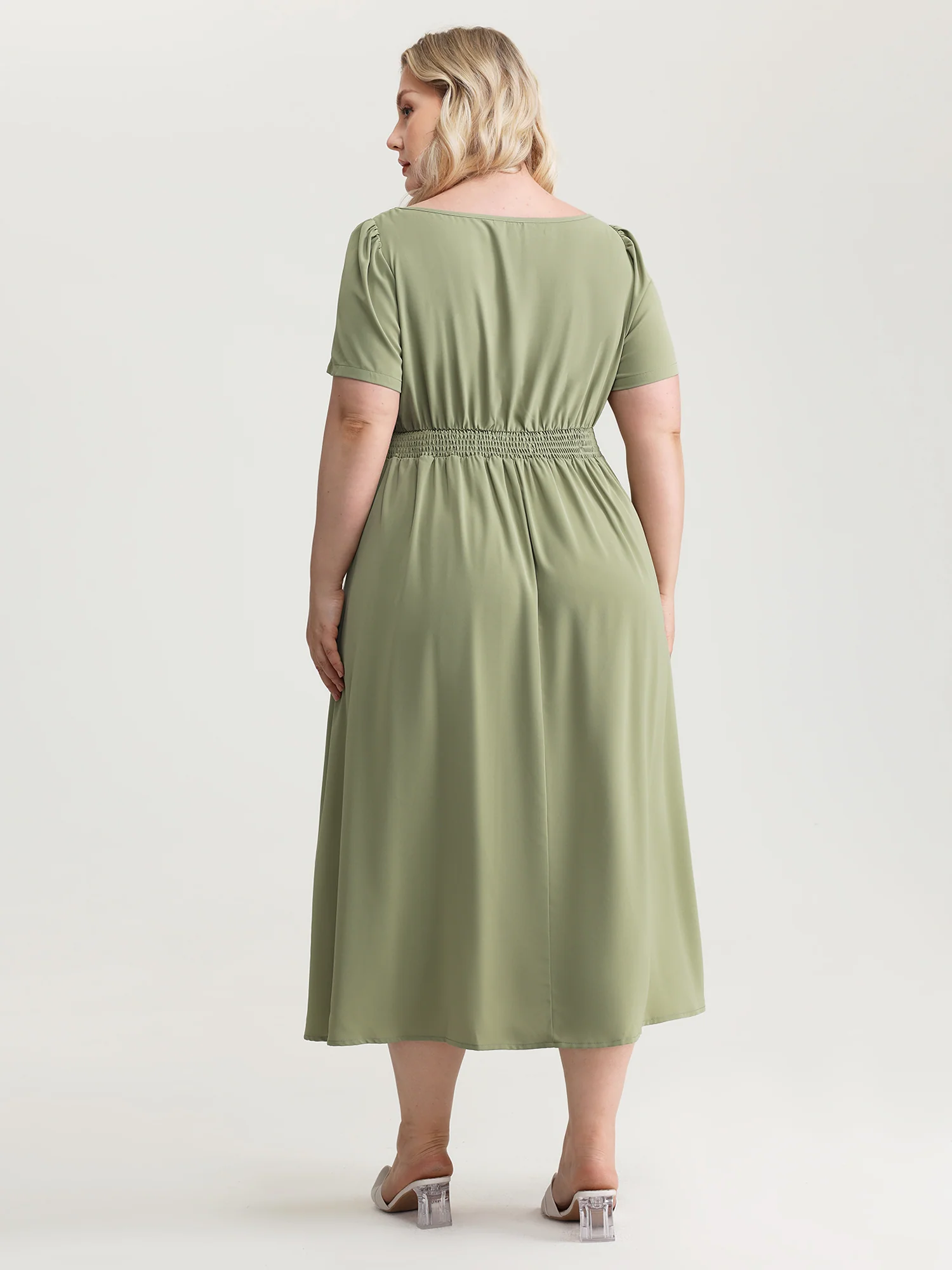 Satin Lace Neckline Cinched Waist Midi Dress - Image 4