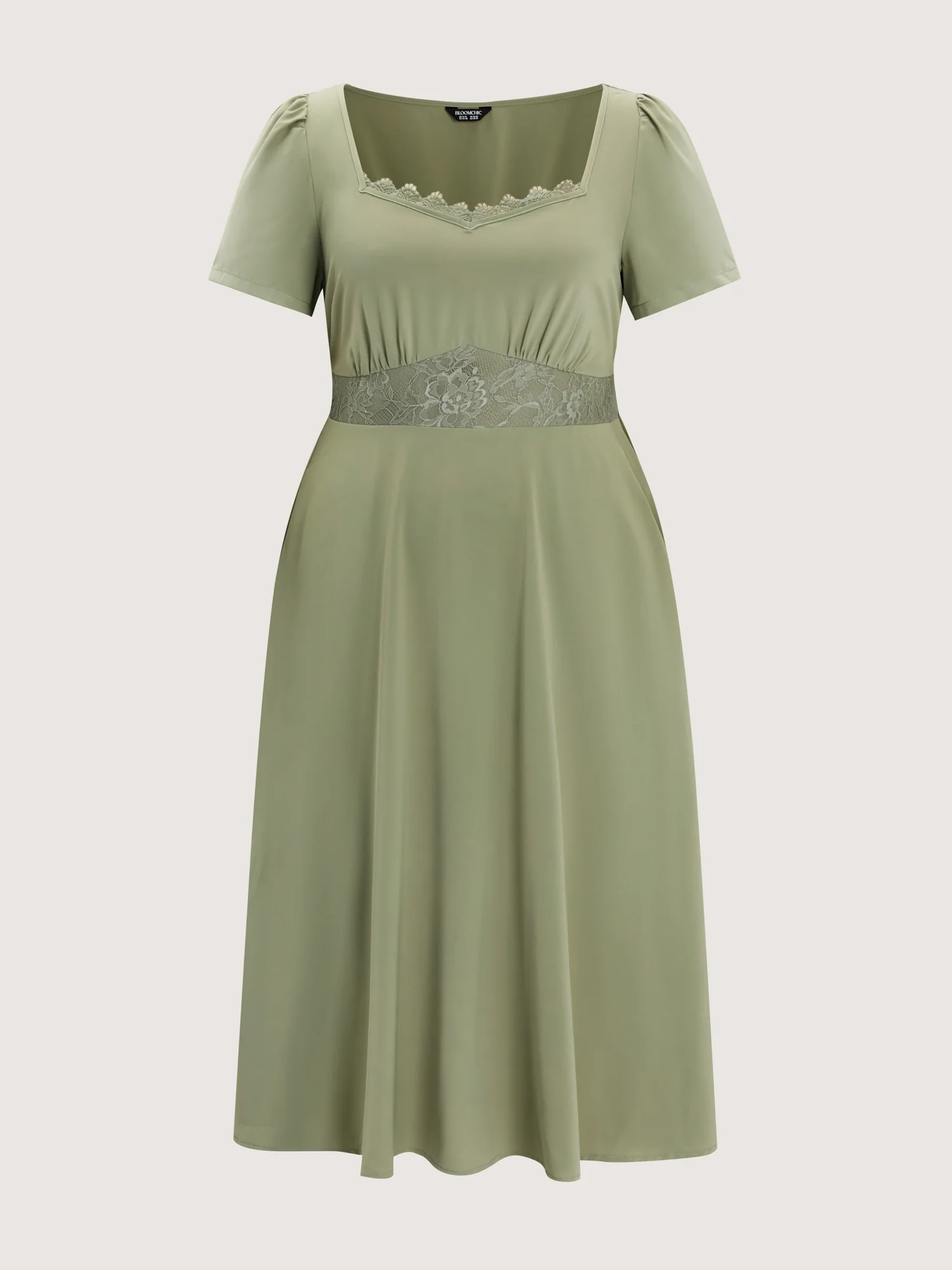 Satin Lace Neckline Cinched Waist Midi Dress - Image 7