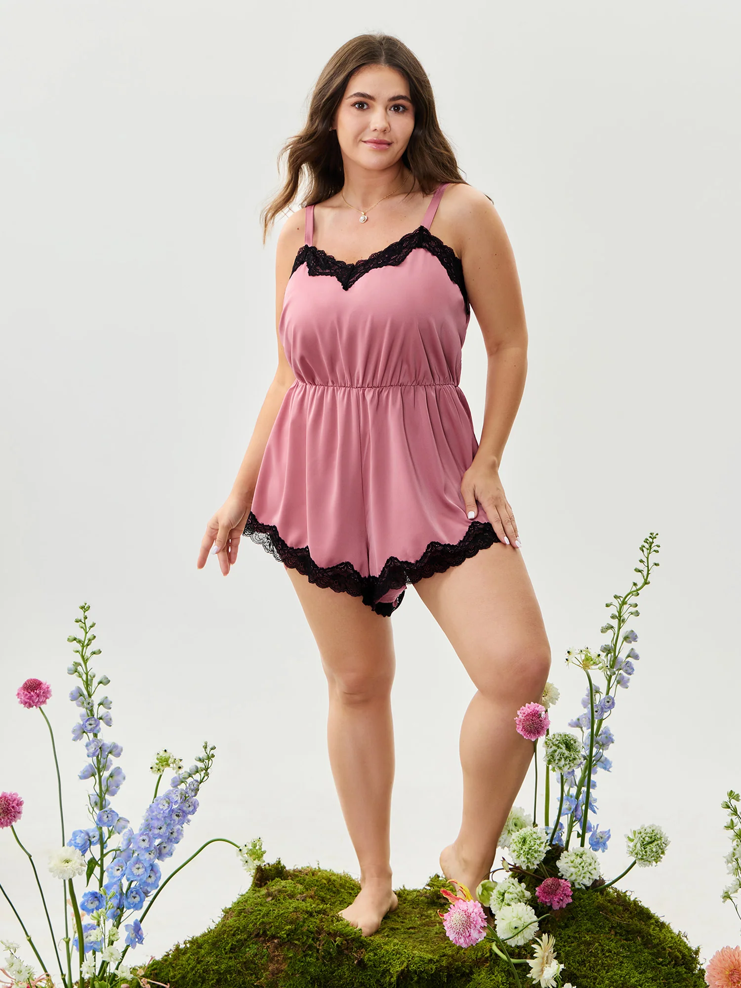 Satin Lace Trim Color Contrast Pajama Romper - Image 2