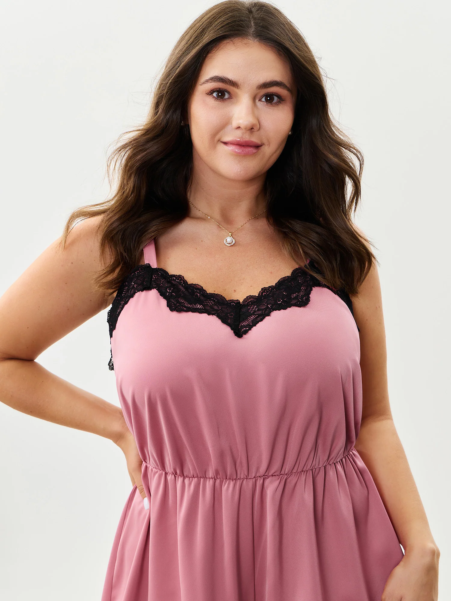 Satin Lace Trim Color Contrast Pajama Romper - Image 3