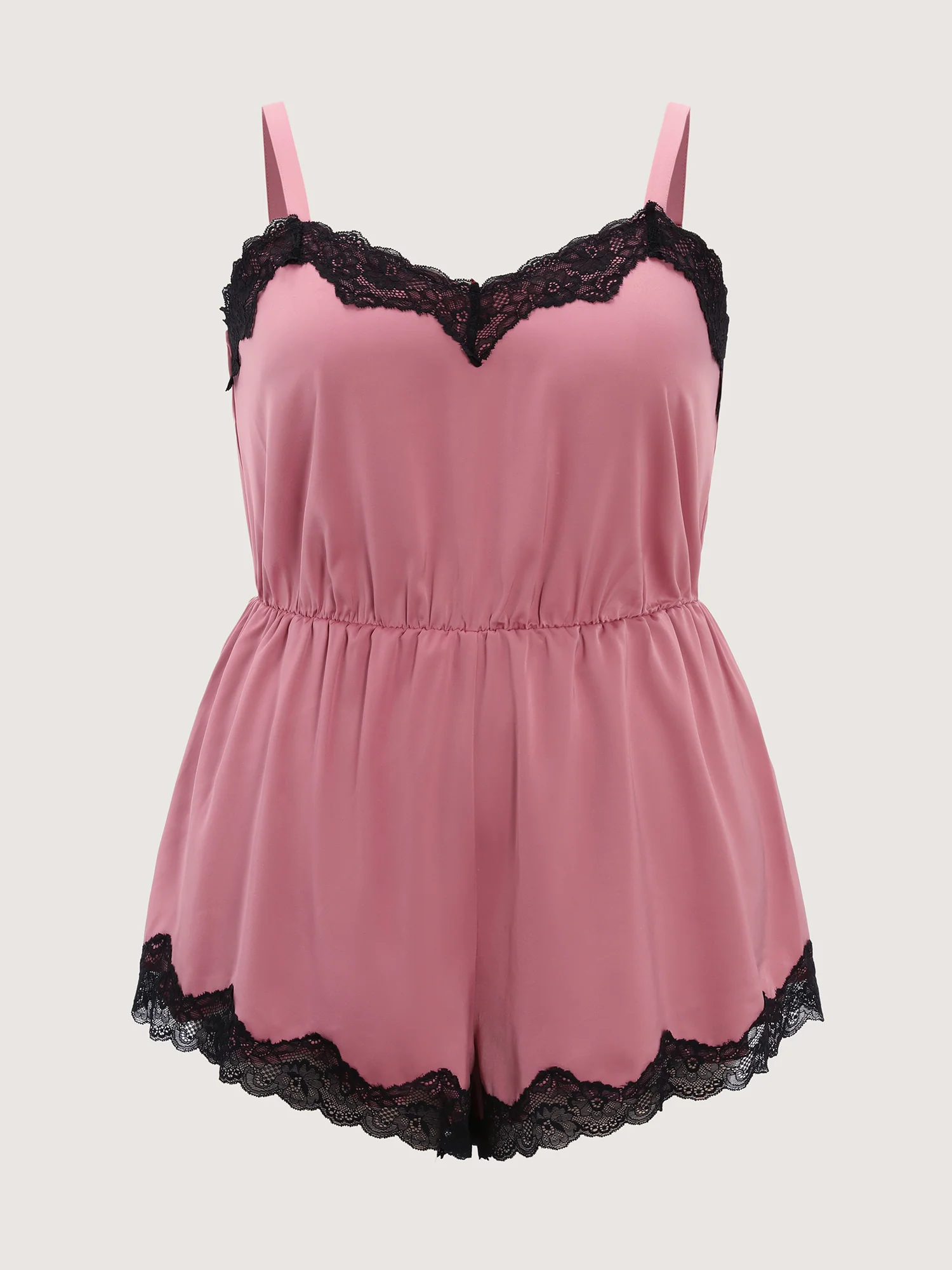 Satin Lace Trim Color Contrast Pajama Romper - Image 7