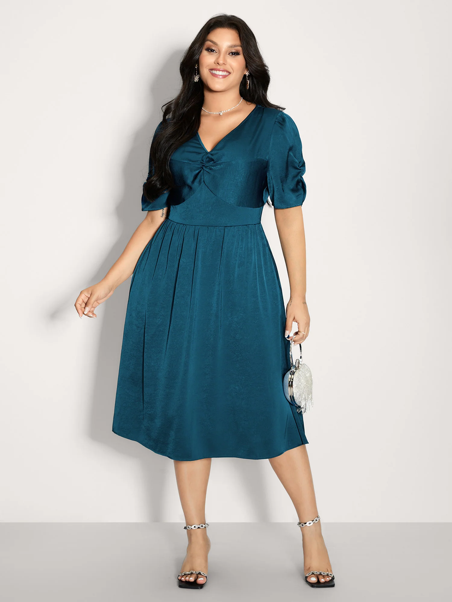 Satin-Like Ruched Sleeve Midi Dress - Image 3