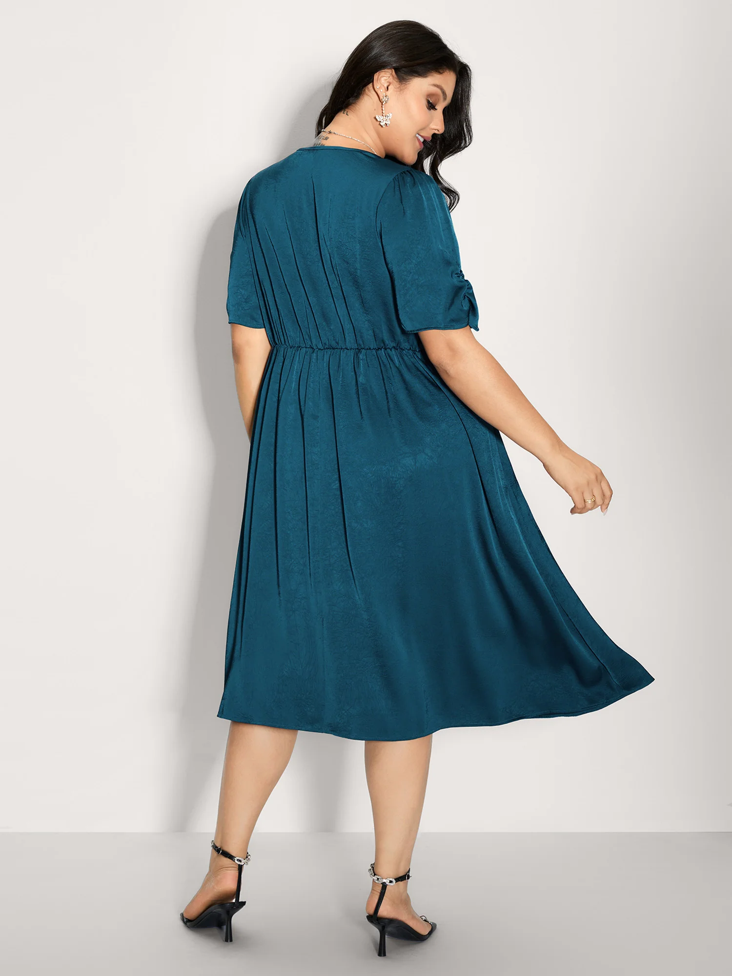 Satin-Like Ruched Sleeve Midi Dress - Image 4