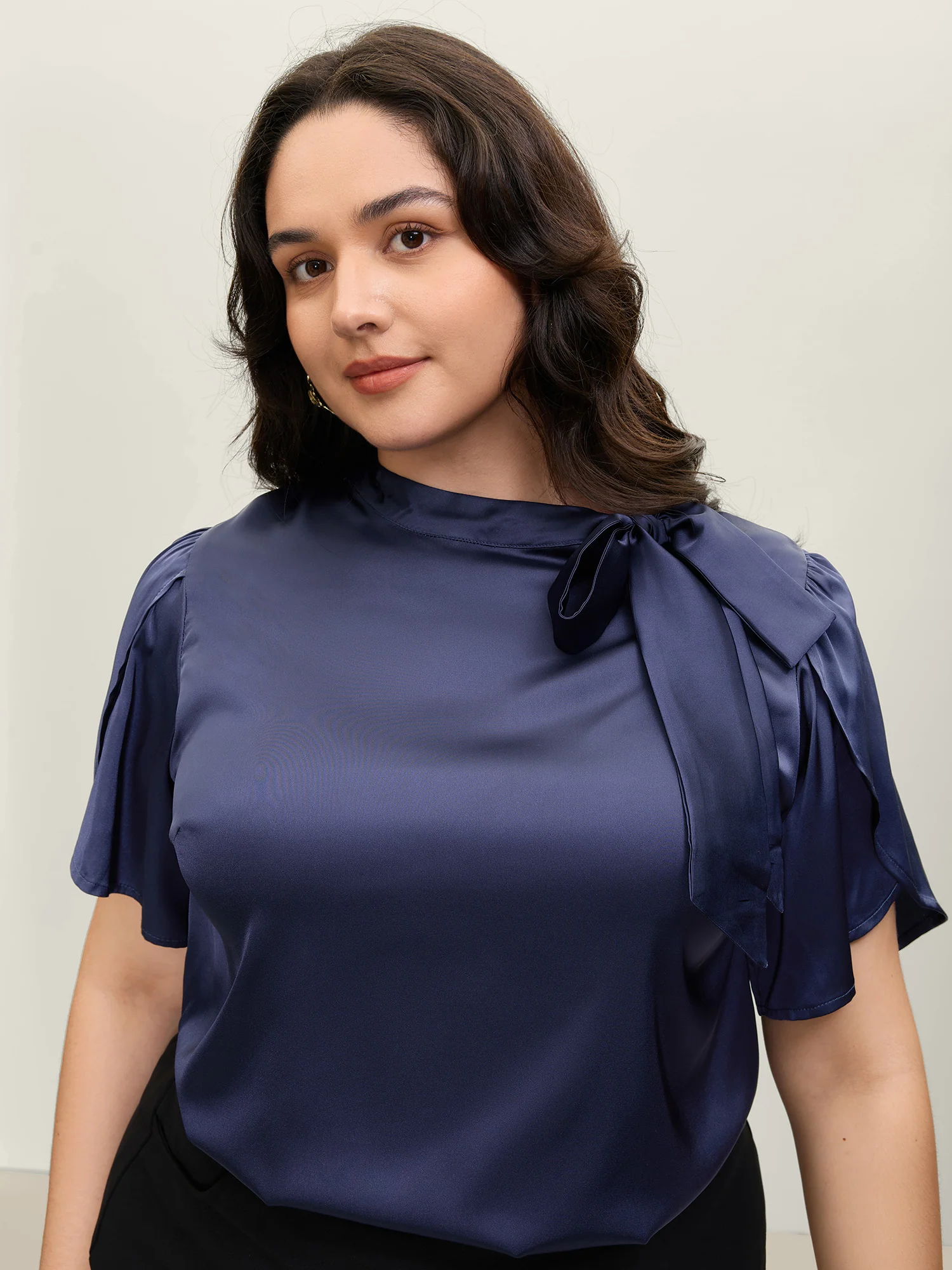 Satin Ribbon Knot Mock Neck Blouse - Image 2