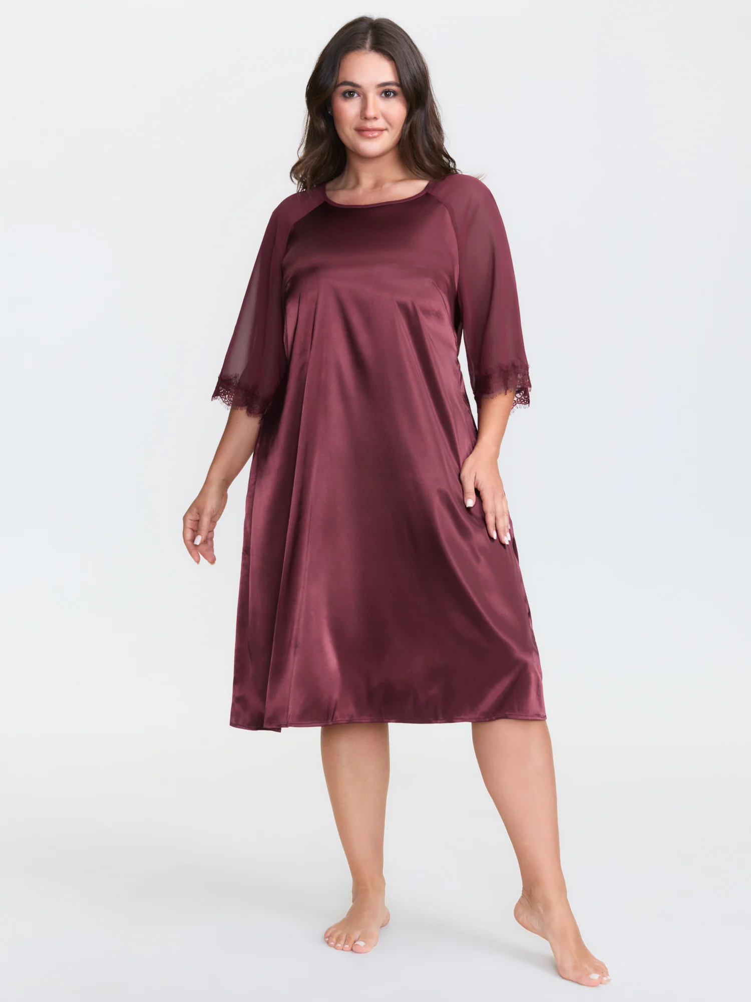 Satin Semi-Sheer Sleeve Pleated Nightgown - Image 3