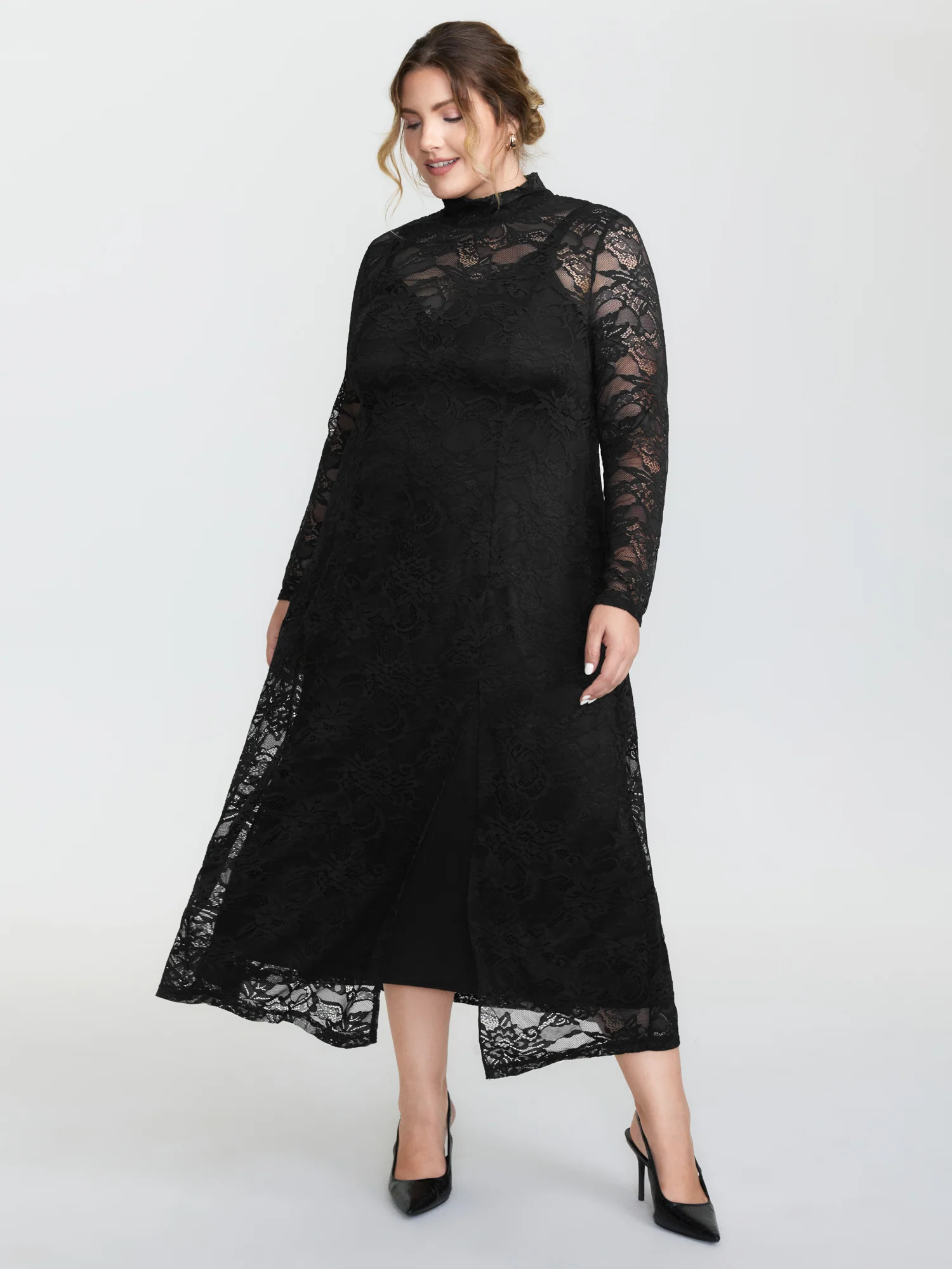 Satin Sheer Two-Piece Lace Maxi Dress